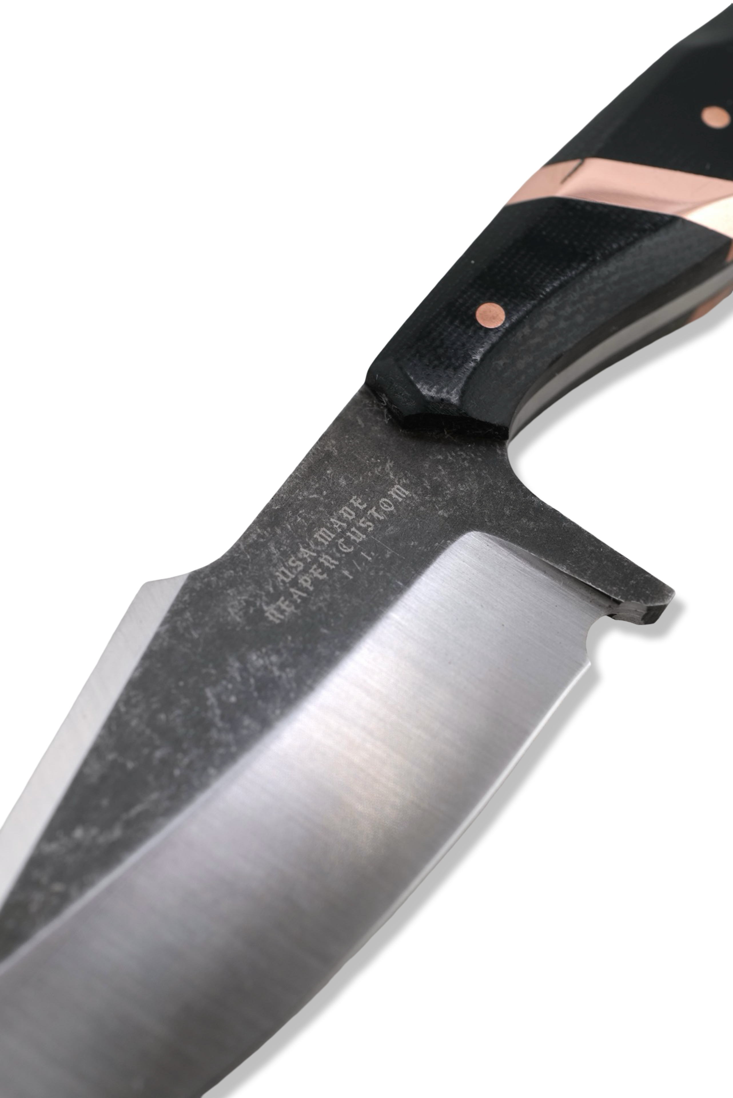 Reaper Custom 1 of 1 - Stonewash Flats + Satin Bevel / Black Micarta Handle / XL Copper Inlay / Copper Hardware / Sheath Included