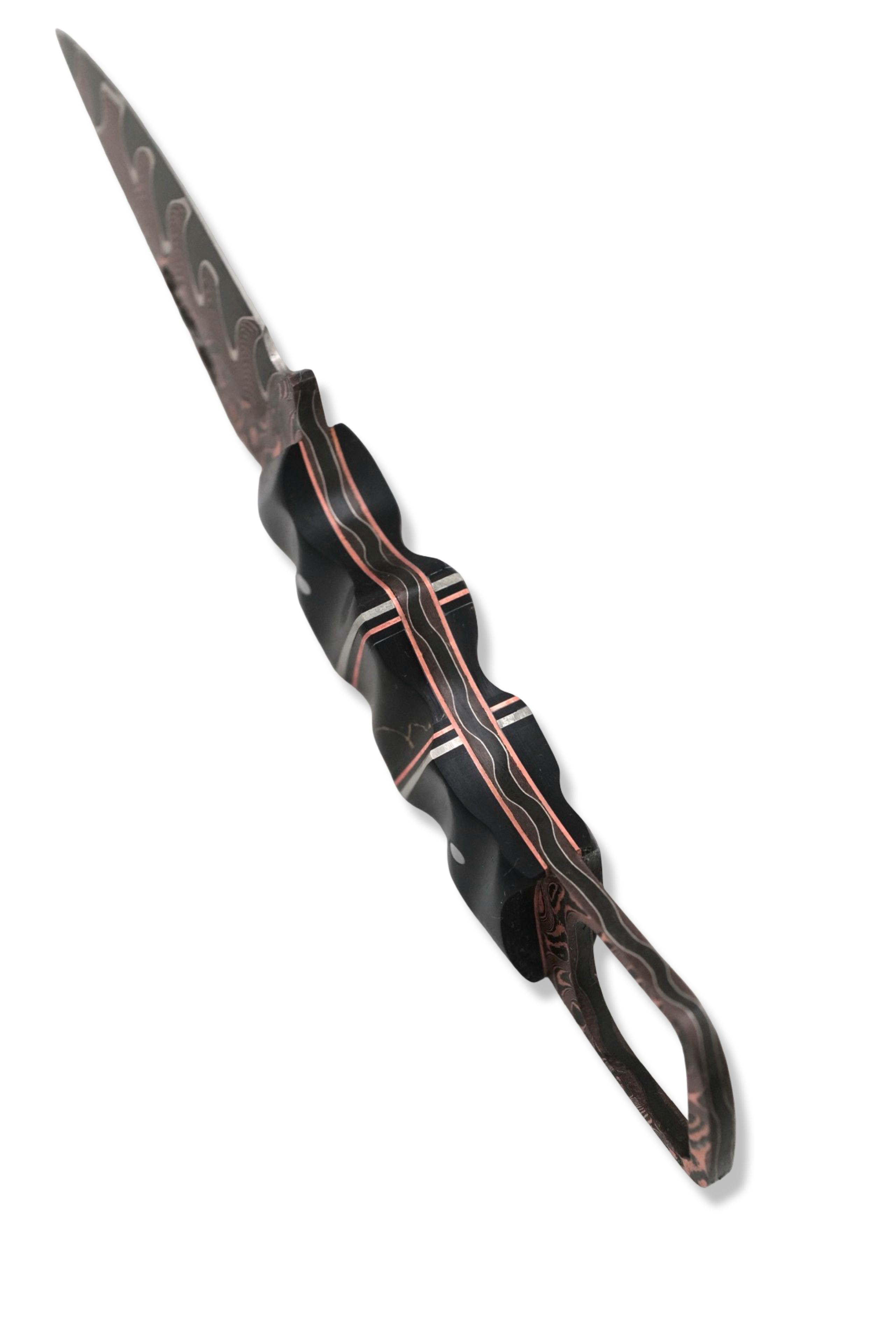 CUSTOM Baker Forge RPM Iron Wolf - Copper-Mai Damascus / Black G-10 / Nickel + Copper Split / Tru Stone Inlay / Copper Liner / USA Made Leather Sheath Included