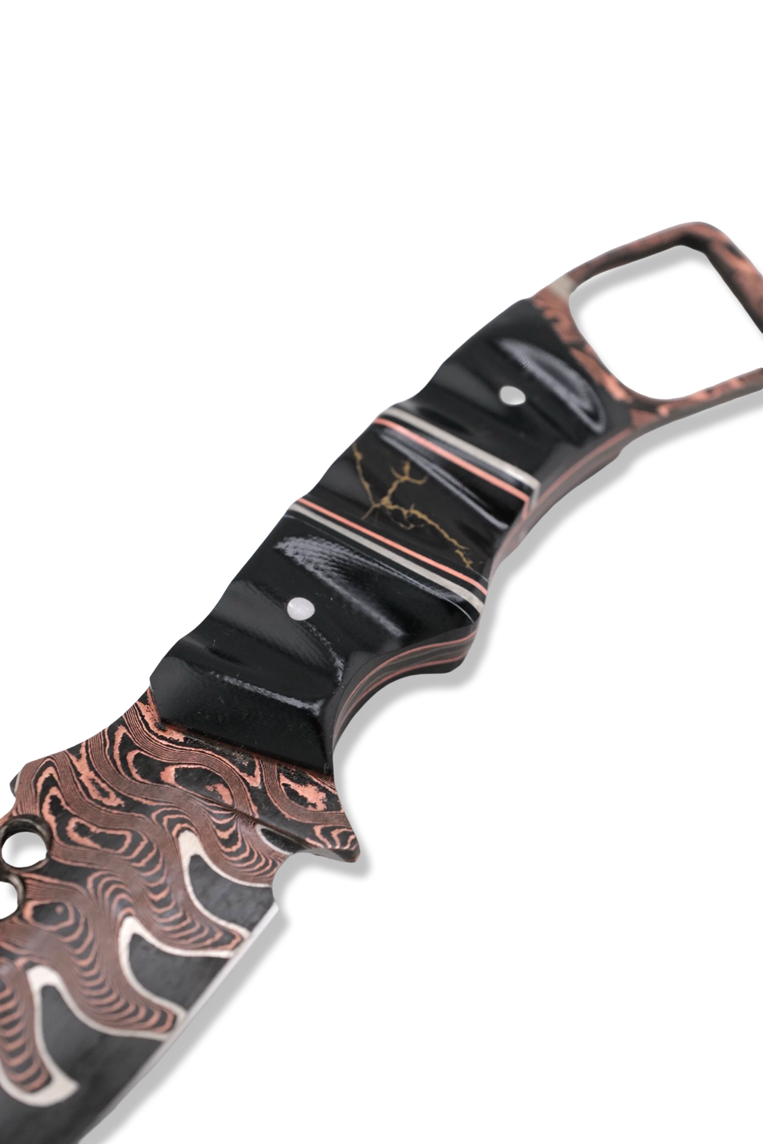 CUSTOM Baker Forge RPM Iron Wolf - Copper-Mai Damascus / Black G-10 / Nickel + Copper Split / Tru Stone Inlay / Copper Liner / USA Made Leather Sheath Included