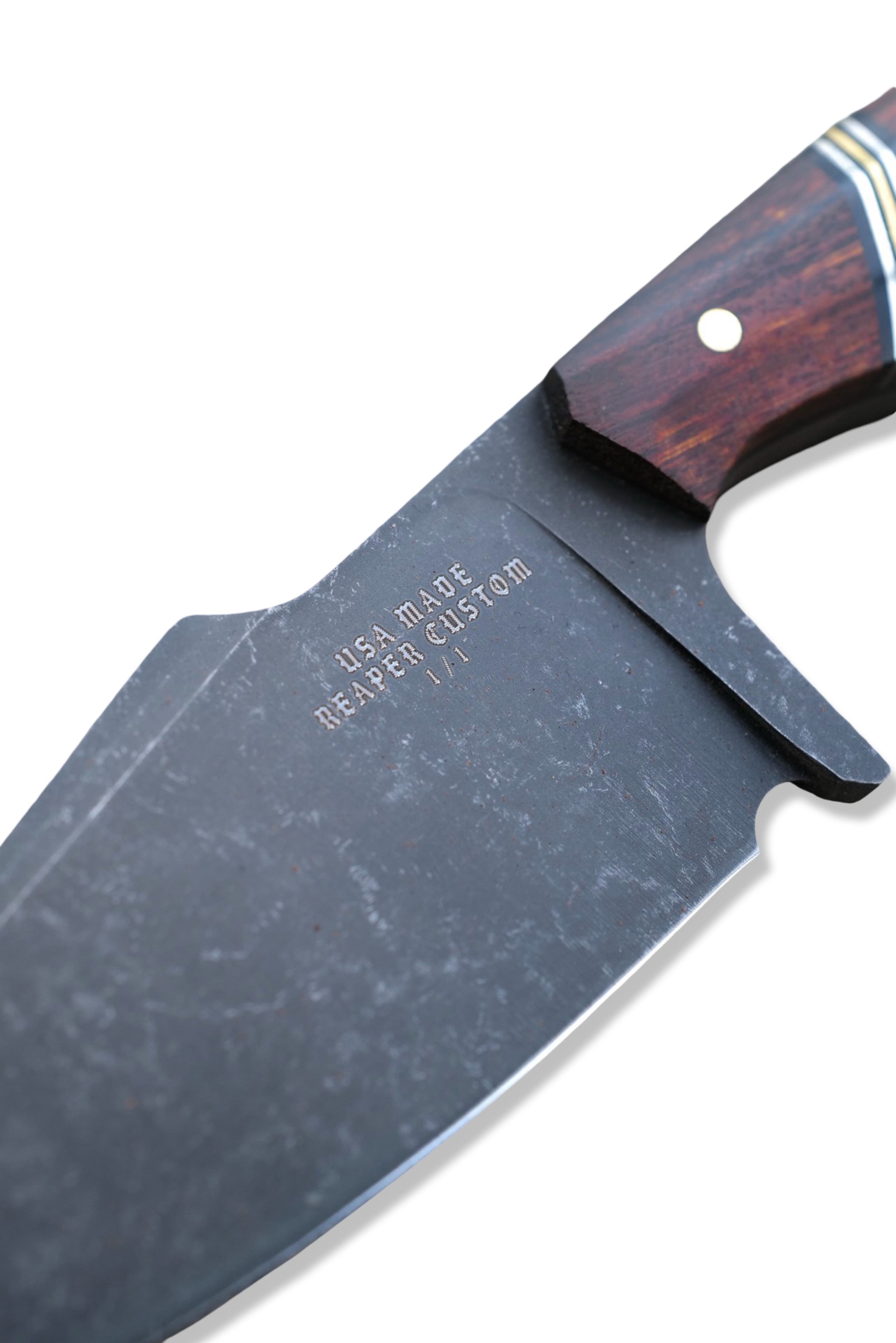 Reaper Custom 1 of 1 - Dark Stonewash / Iron Wood Handle / Dual Nickel + Brass Splits / Brass Hardware / Sheath Included