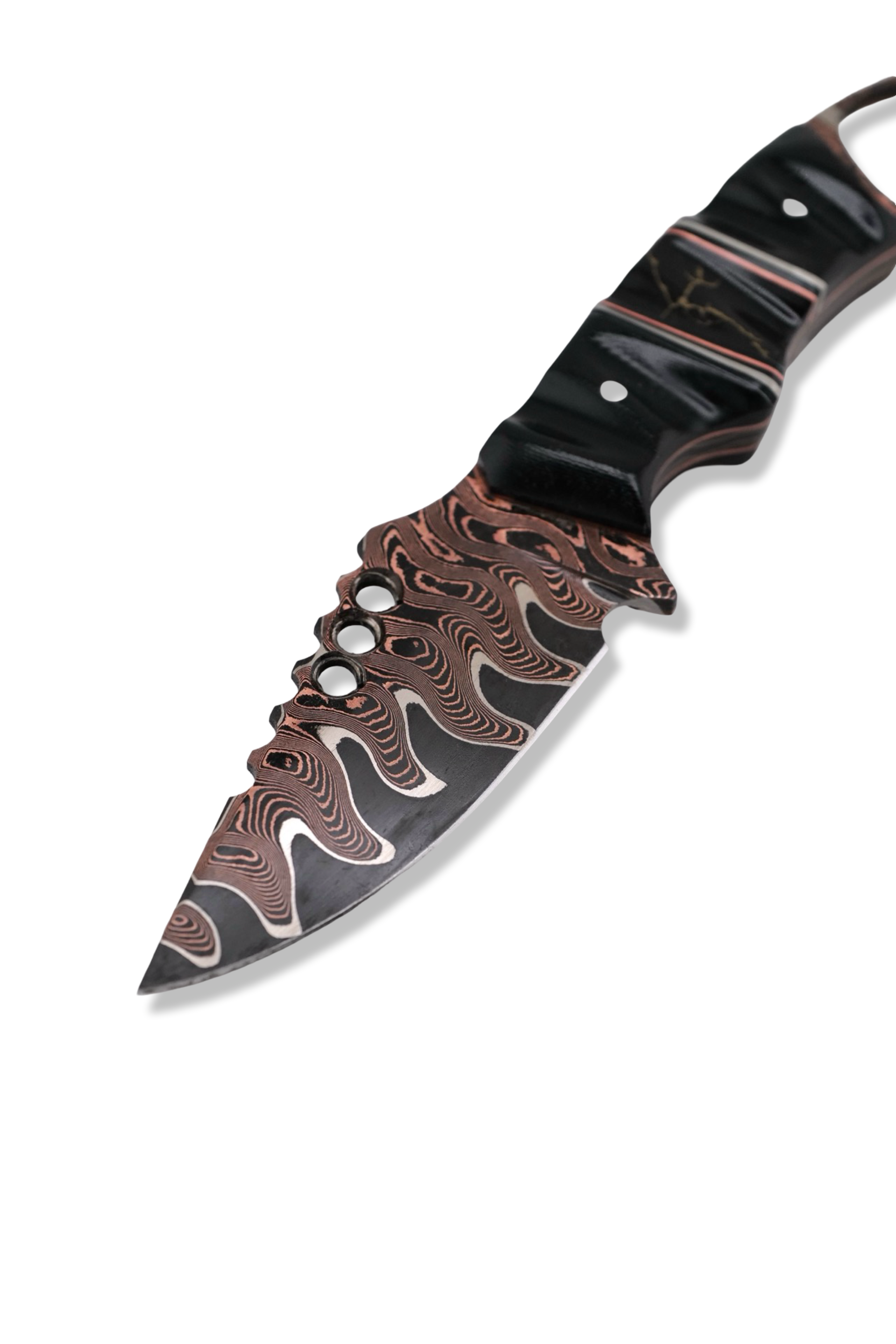 CUSTOM Baker Forge RPM Iron Wolf - Copper-Mai Damascus / Black G-10 / Nickel + Copper Split / Tru Stone Inlay / Copper Liner / USA Made Leather Sheath Included