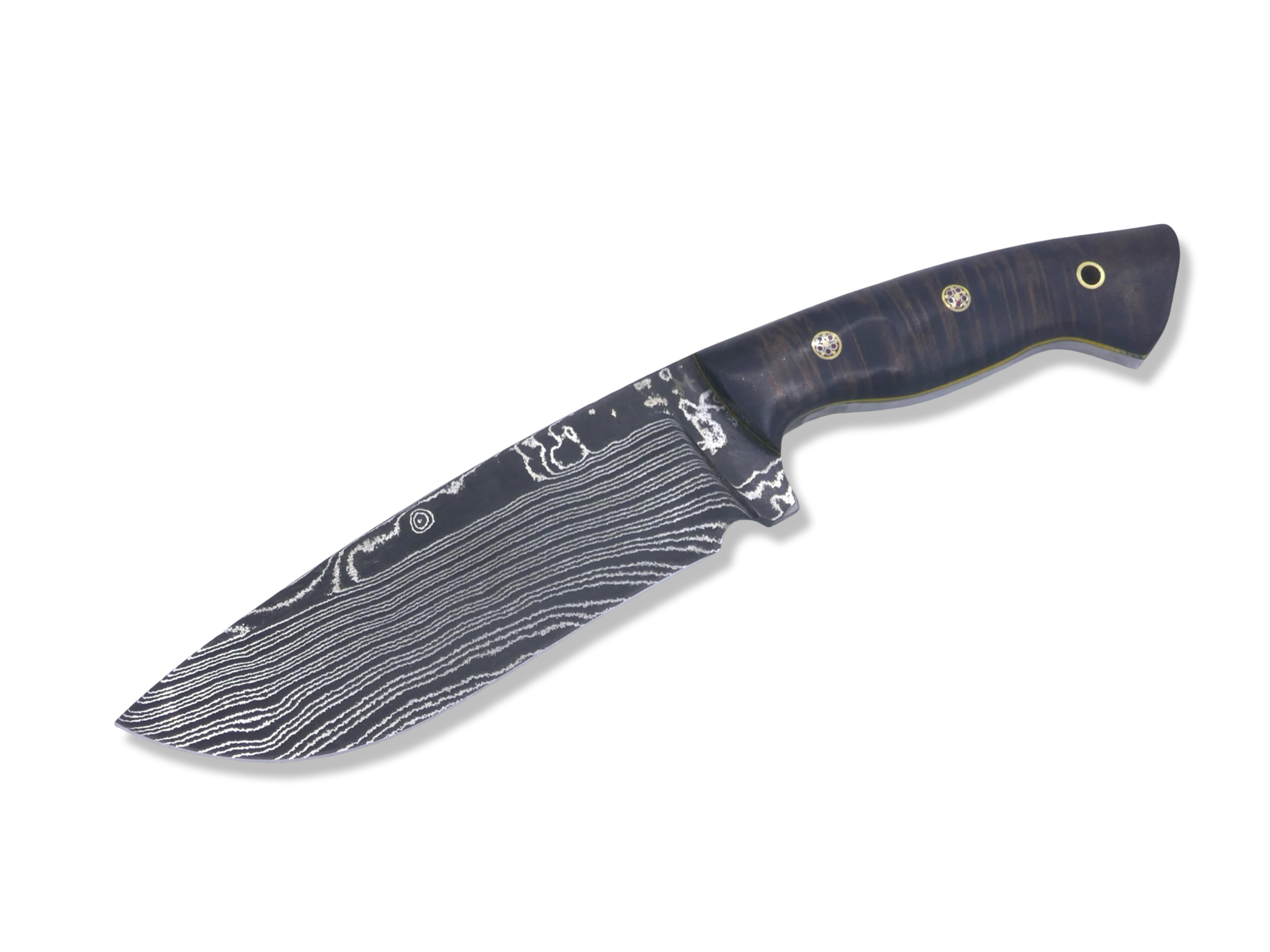 Bush Whacker Custom 1 of 1 - Vegas Forge Damascus / Hawaiian Koa / Brass Mosaic Pins / Yellow G-10 Liner