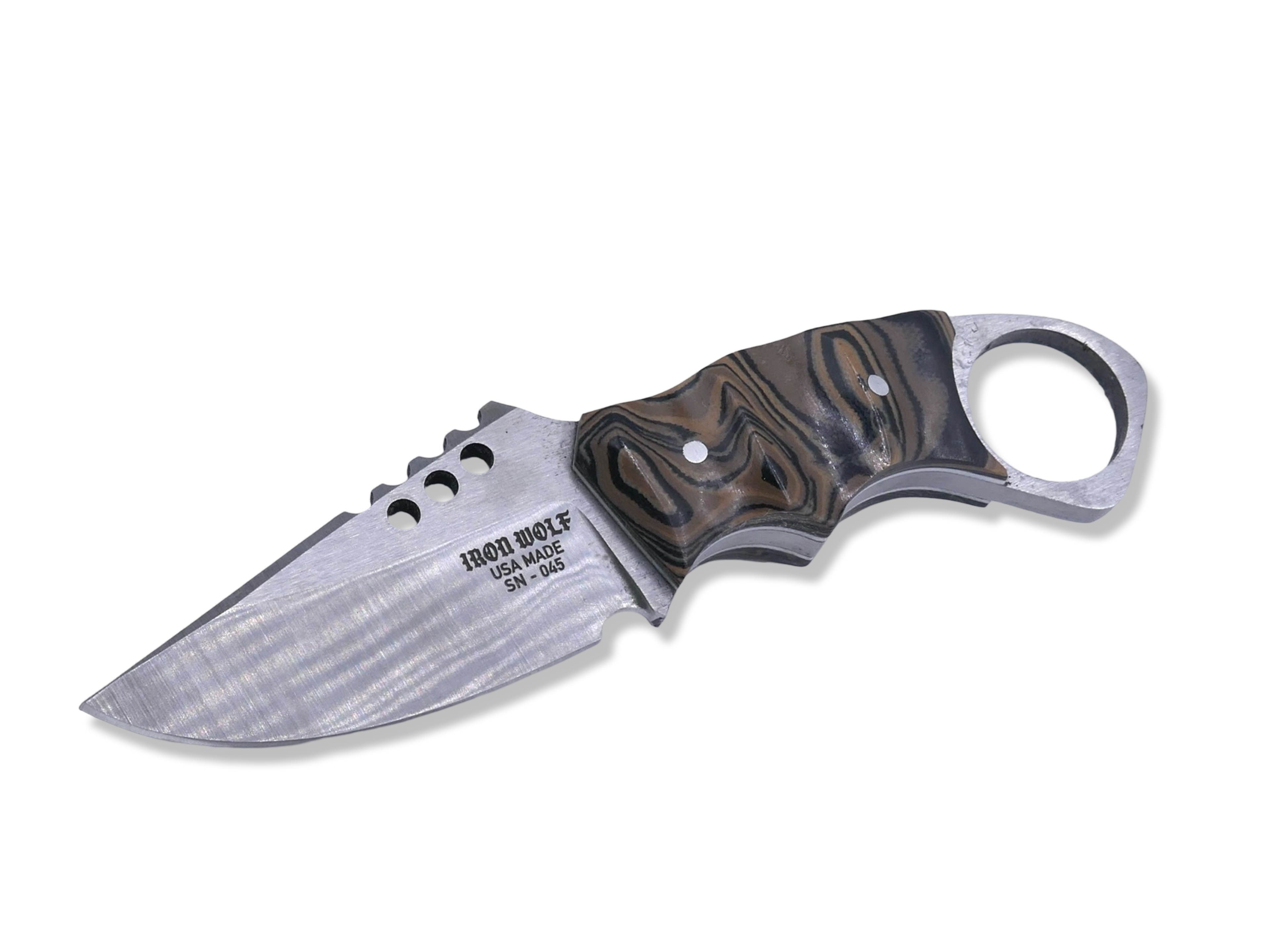 IRON WOLF Custom 1 of 1 - Satin Finish / G-10 Burl / White Liner / Sheath Included