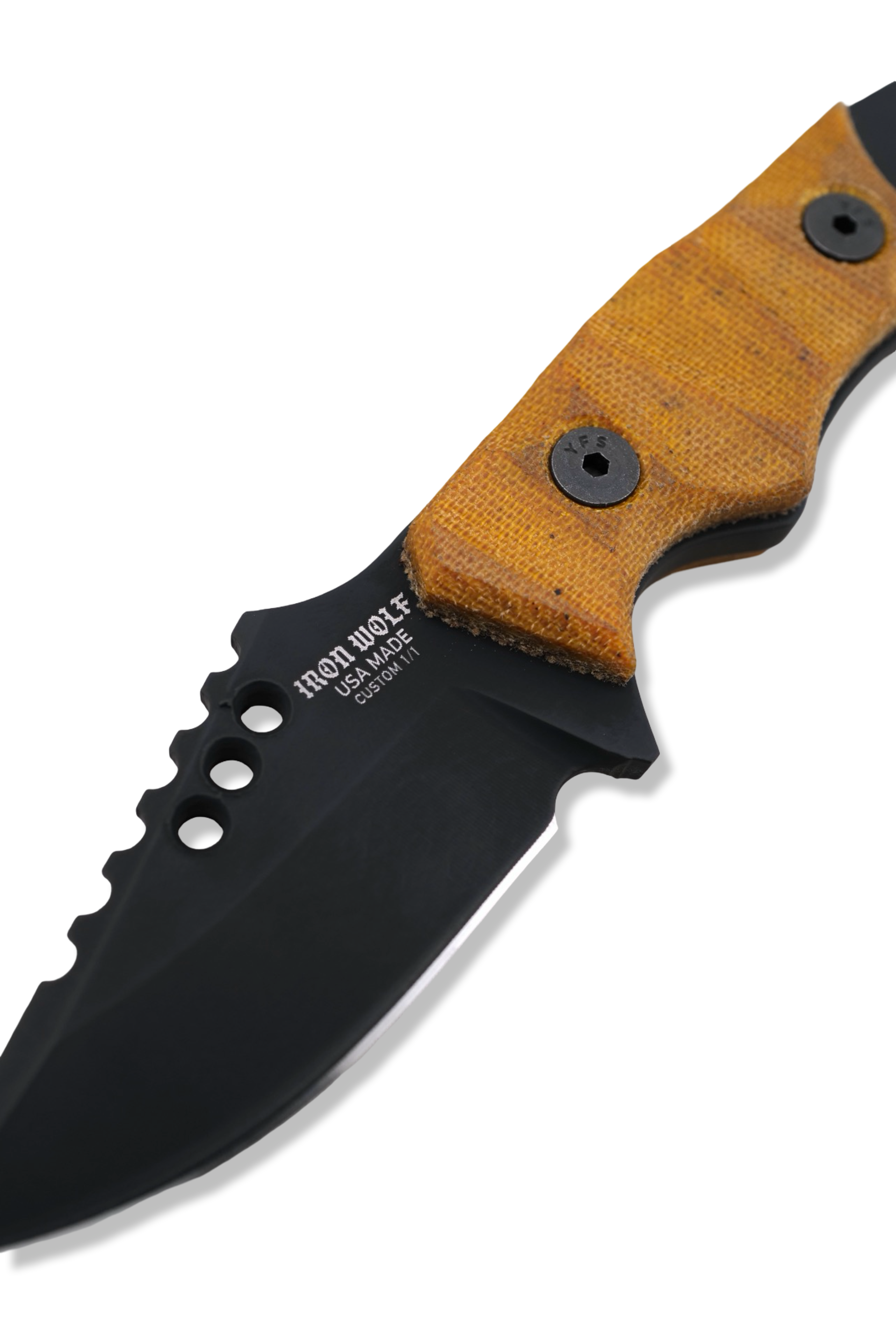 RPM Iron Wolf Custom 1/1 - Black Cerakote / Vintage Westinghouse Butterscotch Micarta / Leather Sheath Included