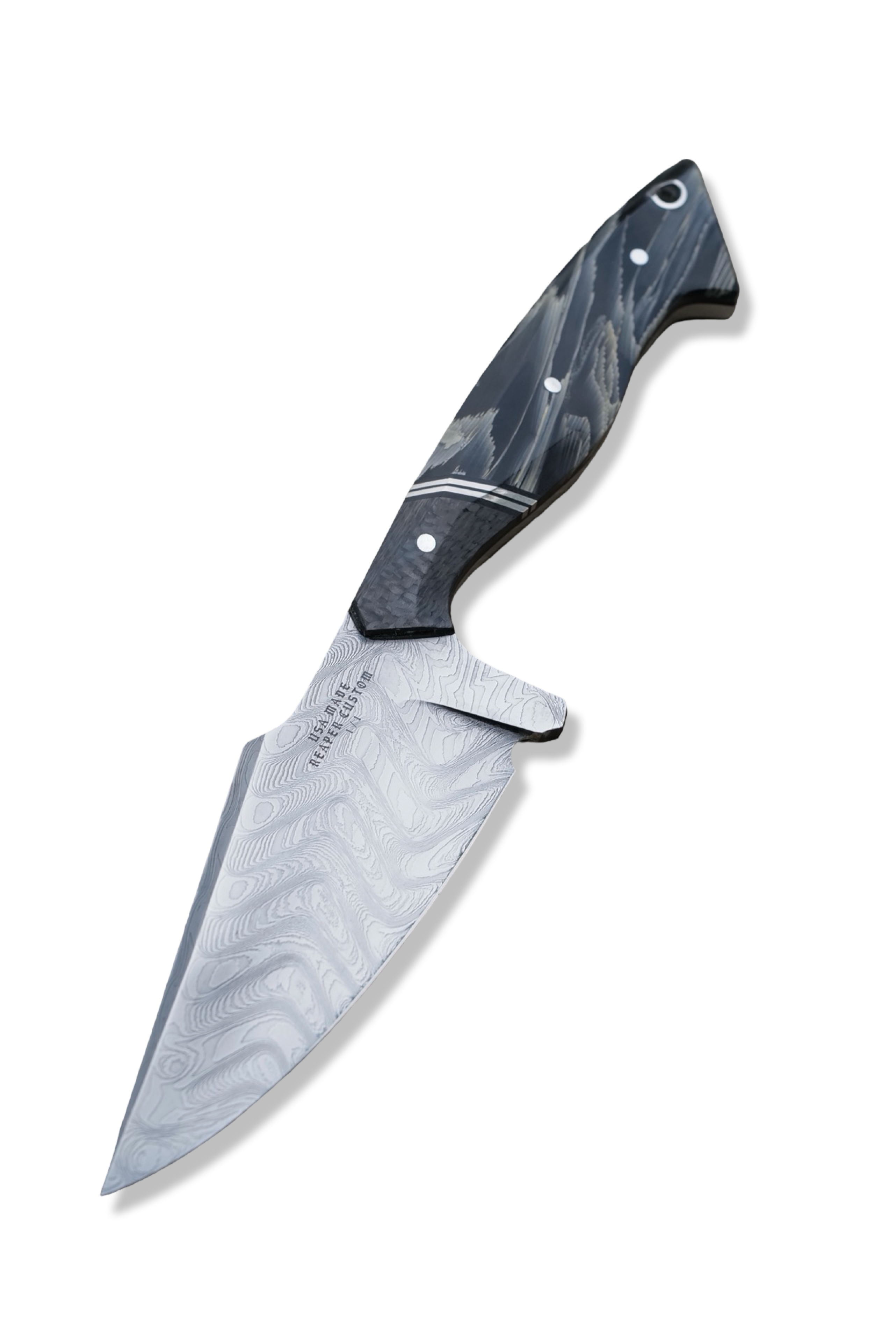 Reaper Custom 1 of 1 - Baker Forge Zeus Damascus / Carbon Fiber Front / Double Nickel Split / Composite Flame Handle / Black Liner / Sheath Included