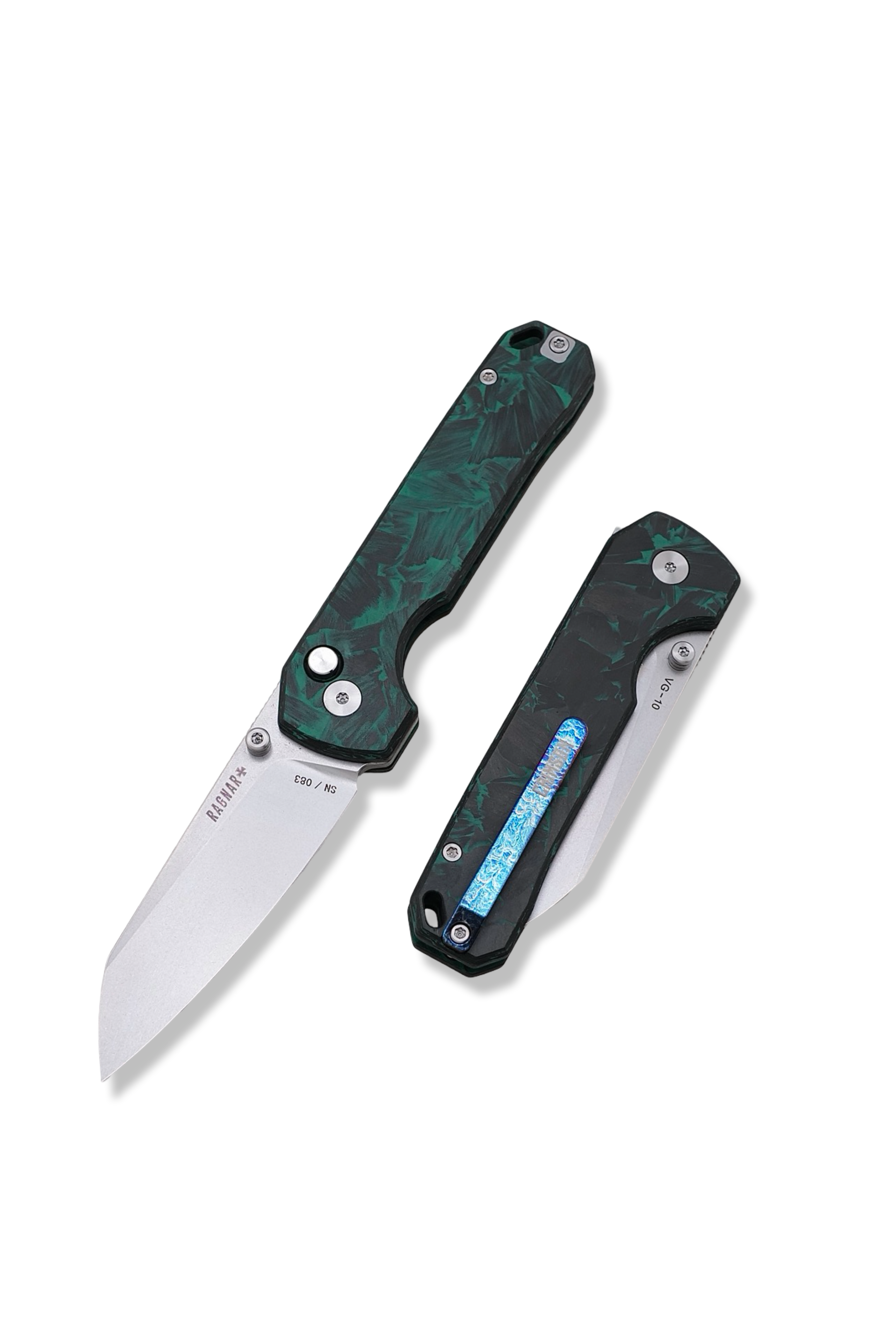 RAGNAR Folder - VG-10 Steel / Photoluminescent Glow Carbon Handle / Flamed Titanium clip / Stonewash Finish