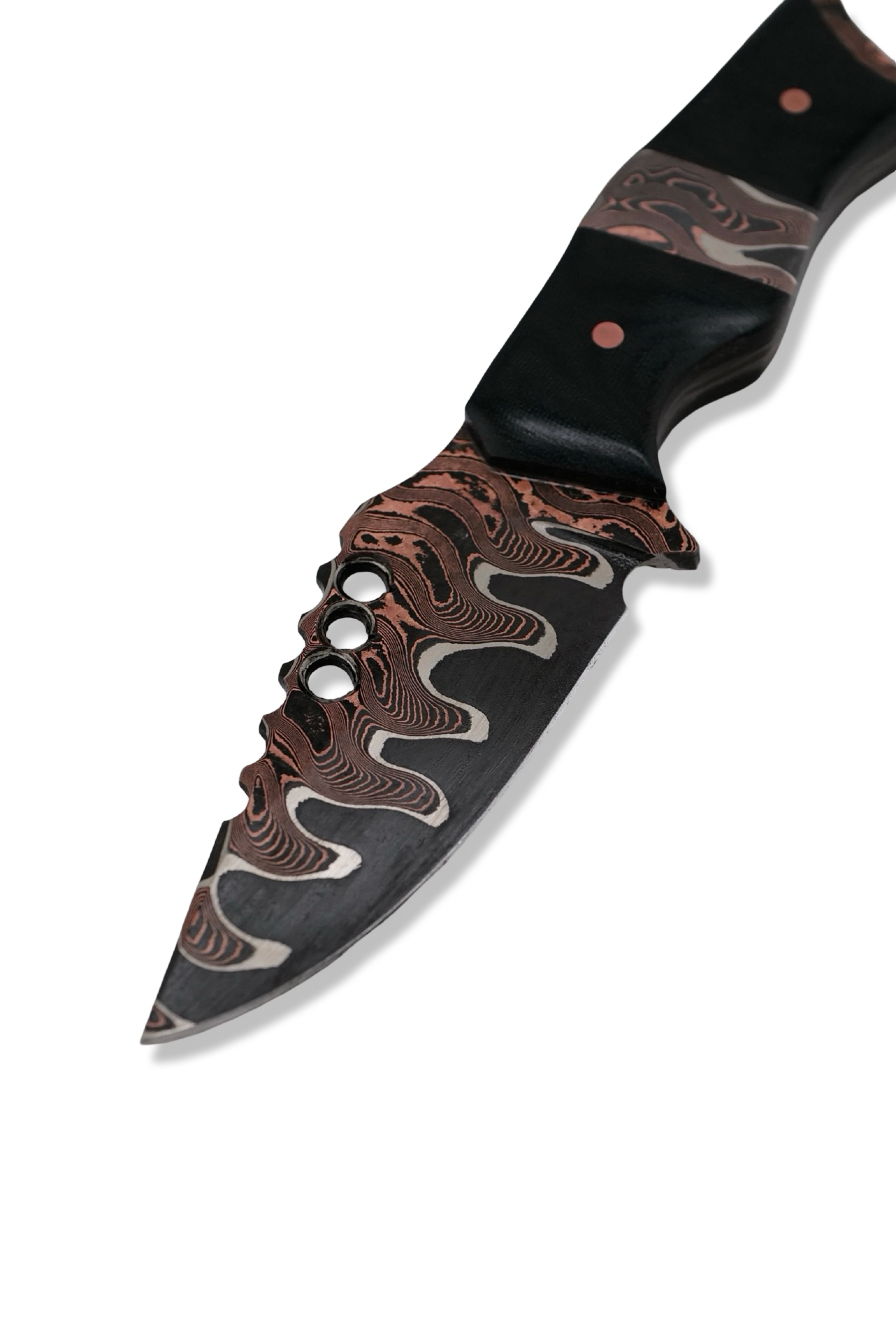 CUSTOM Baker Forge RPM Iron Wolf - Copper-Mai Damascus / Black Micarta / Baker Forge Copper Mai Damascus Inlay / Black G-10 Liner USA Made Leather Sheath Included