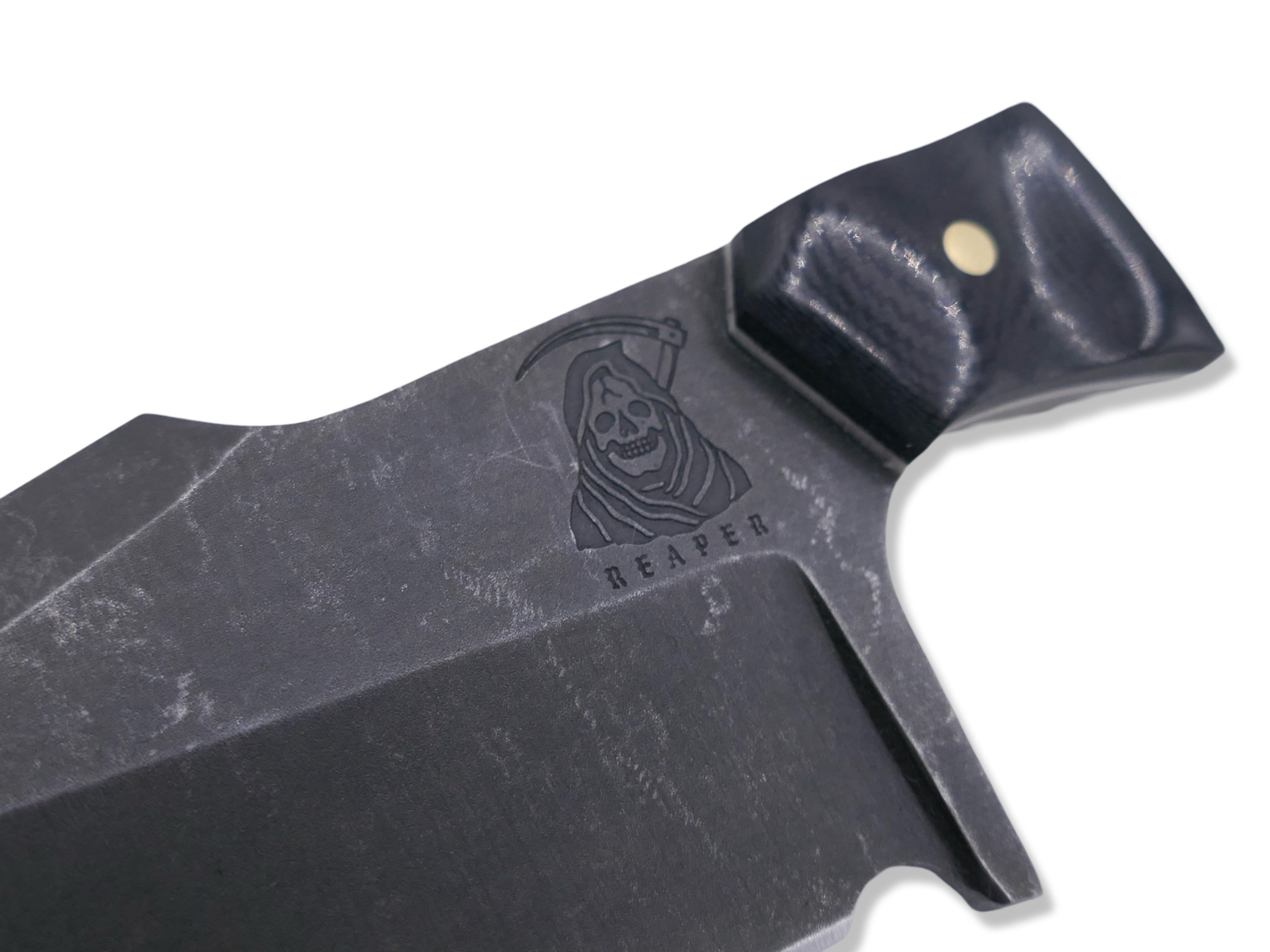 Reaper Custom 1 of 1 Harpoon Hollow Grind - Dark Stonewash / Black G-10 / White G-10 + Brass Splits / Tru Stone Inlay / White G-10 Liner
