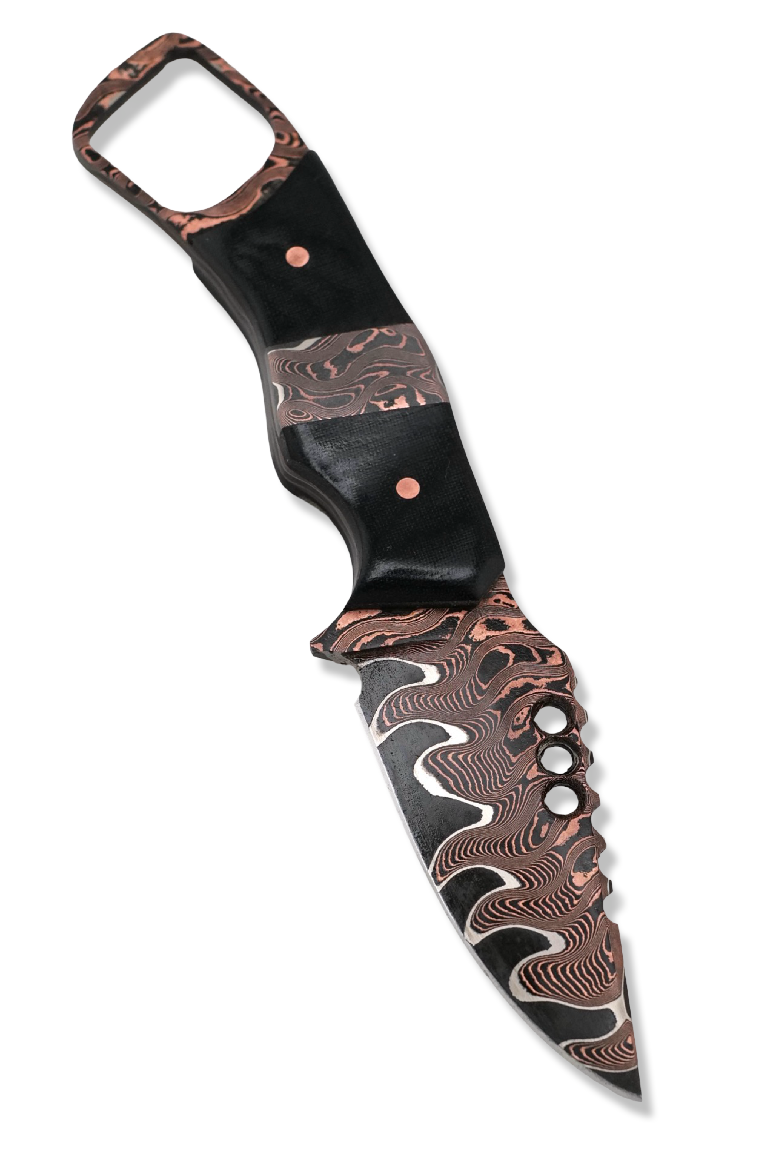 CUSTOM Baker Forge RPM Iron Wolf - Copper-Mai Damascus / Black Micarta / Baker Forge Copper Mai Damascus Inlay / Black G-10 Liner USA Made Leather Sheath Included