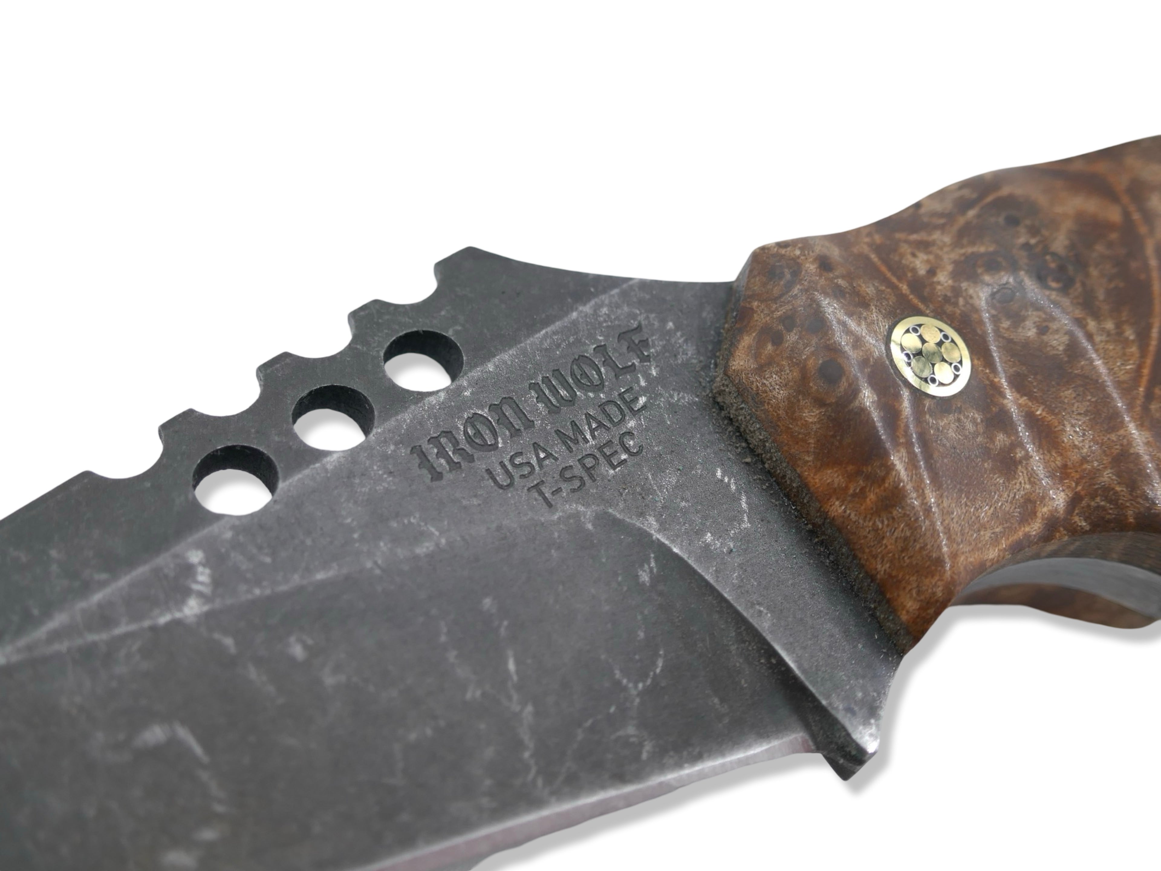 IRON WOLF Custom 1 of 1 - Dark Stonewash / Burl Handle / Mosaic Pins
