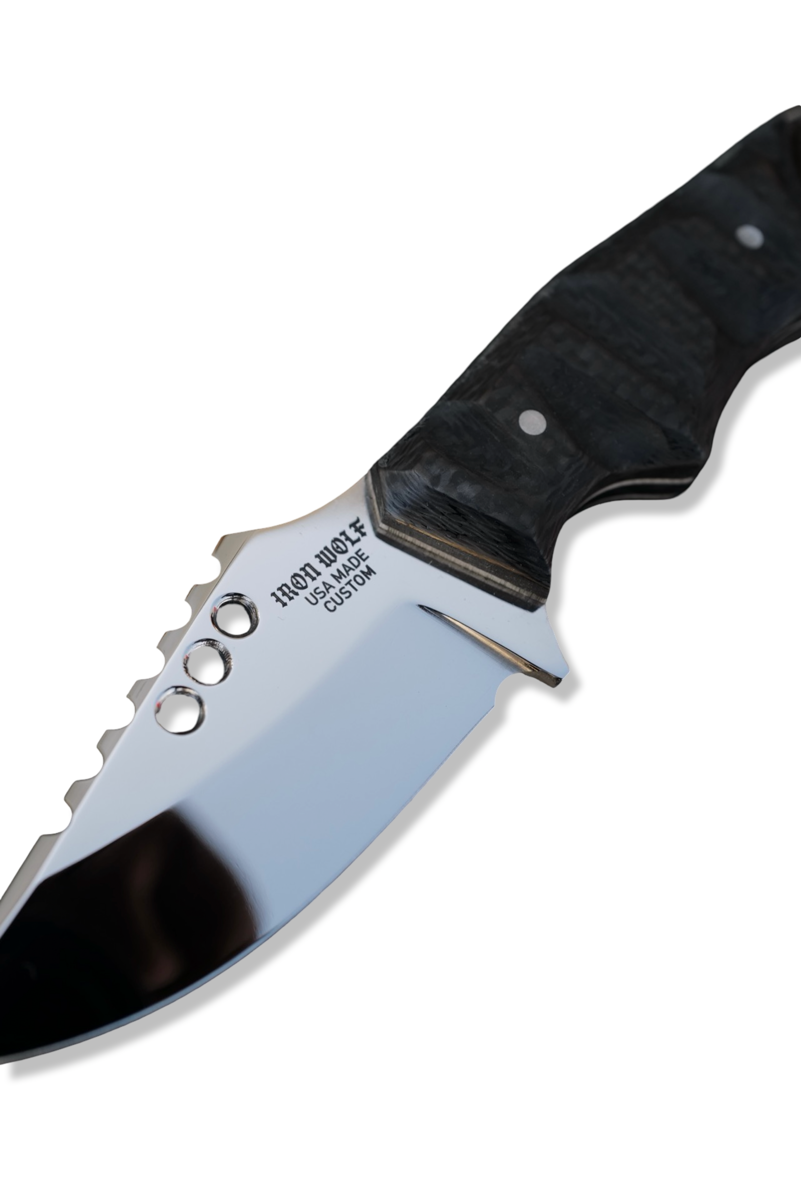 CUSTOM RPM Iron Wolf - Mirror Polish / Carbon Fiber Handle / White G-10 Liner - USA Made Stealth Bomber Sheath included
