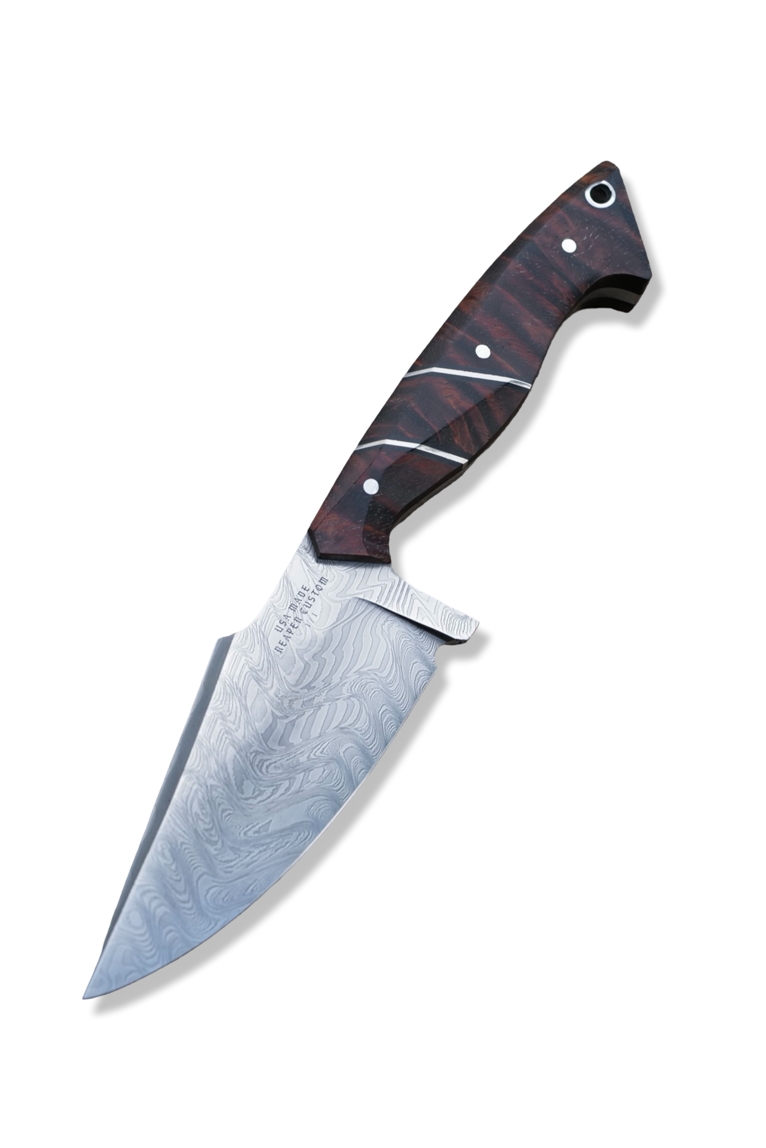 Reaper Custom 1 of 1 - Baker Forge Zeus Damascus / Hawaiian Koa / Double Nickel Splits / Black G-10 Liner / Sheath Included