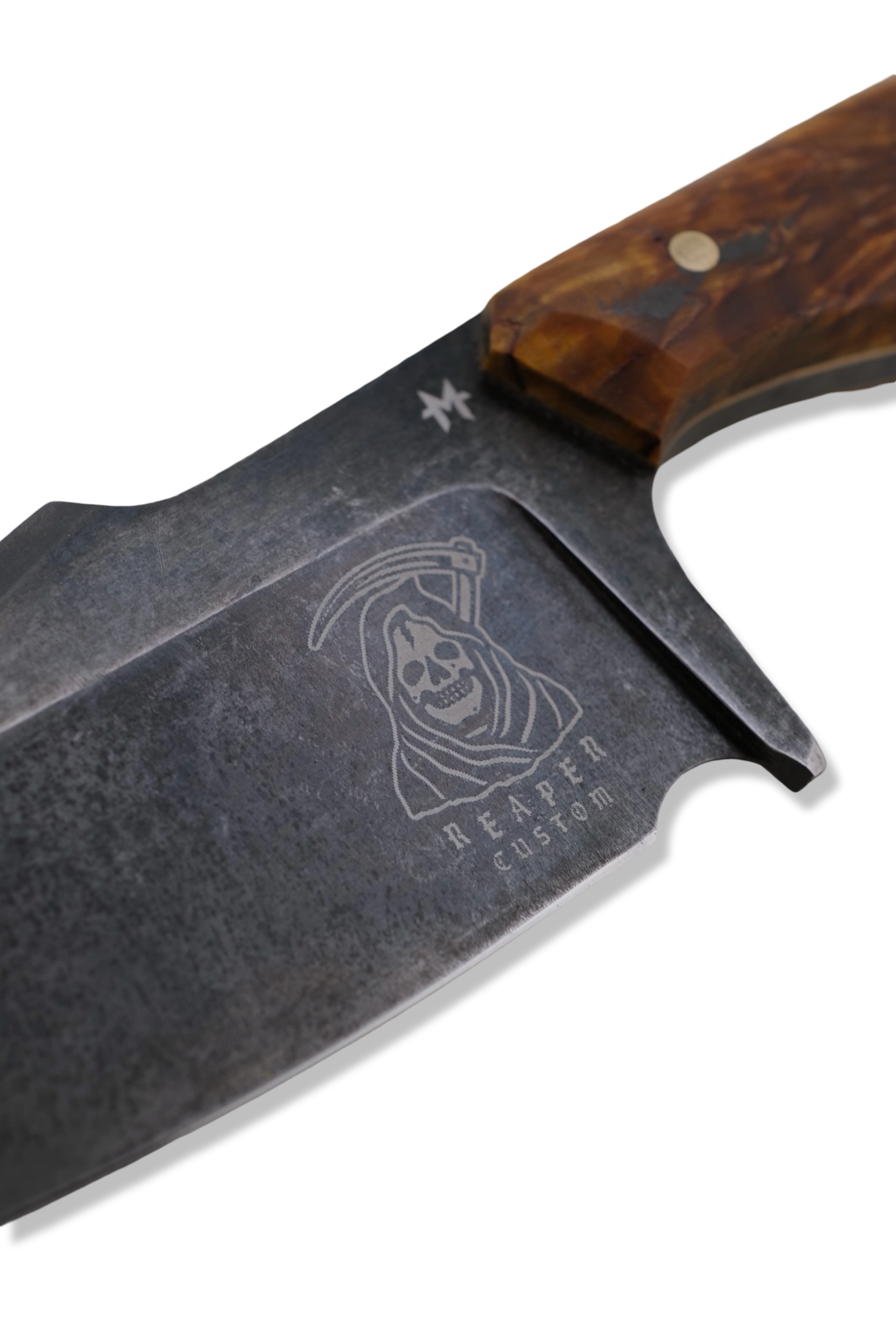 Crimson Reaper Custom 1 of 1 Fixed Blade Knife - Hollow Ground / Dark Stonewash / Starburst Birch Handle / Brass Liners / Sheath Included