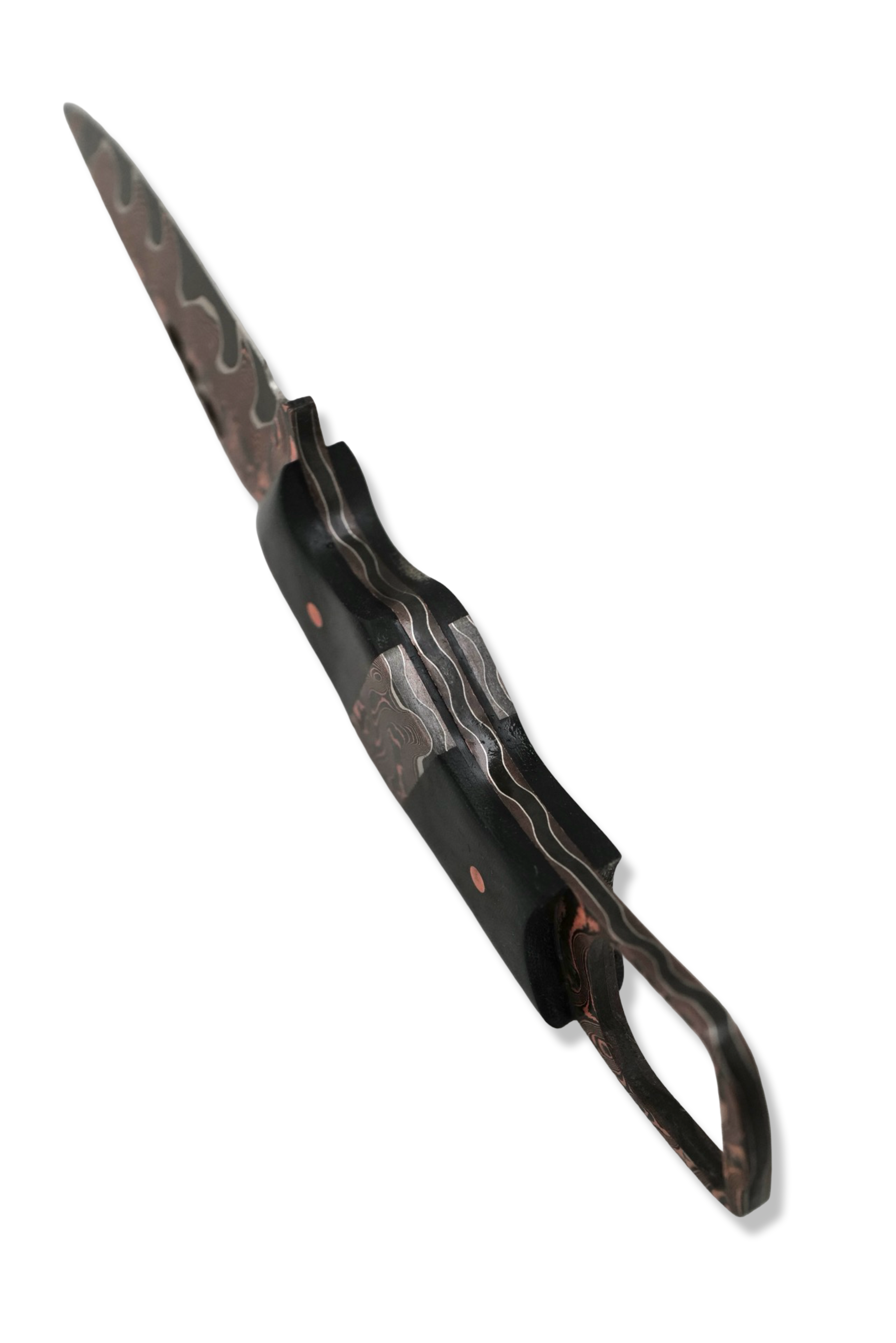 CUSTOM Baker Forge RPM Iron Wolf - Copper-Mai Damascus / Black Micarta / Baker Forge Copper Mai Damascus Inlay / Black G-10 Liner USA Made Leather Sheath Included