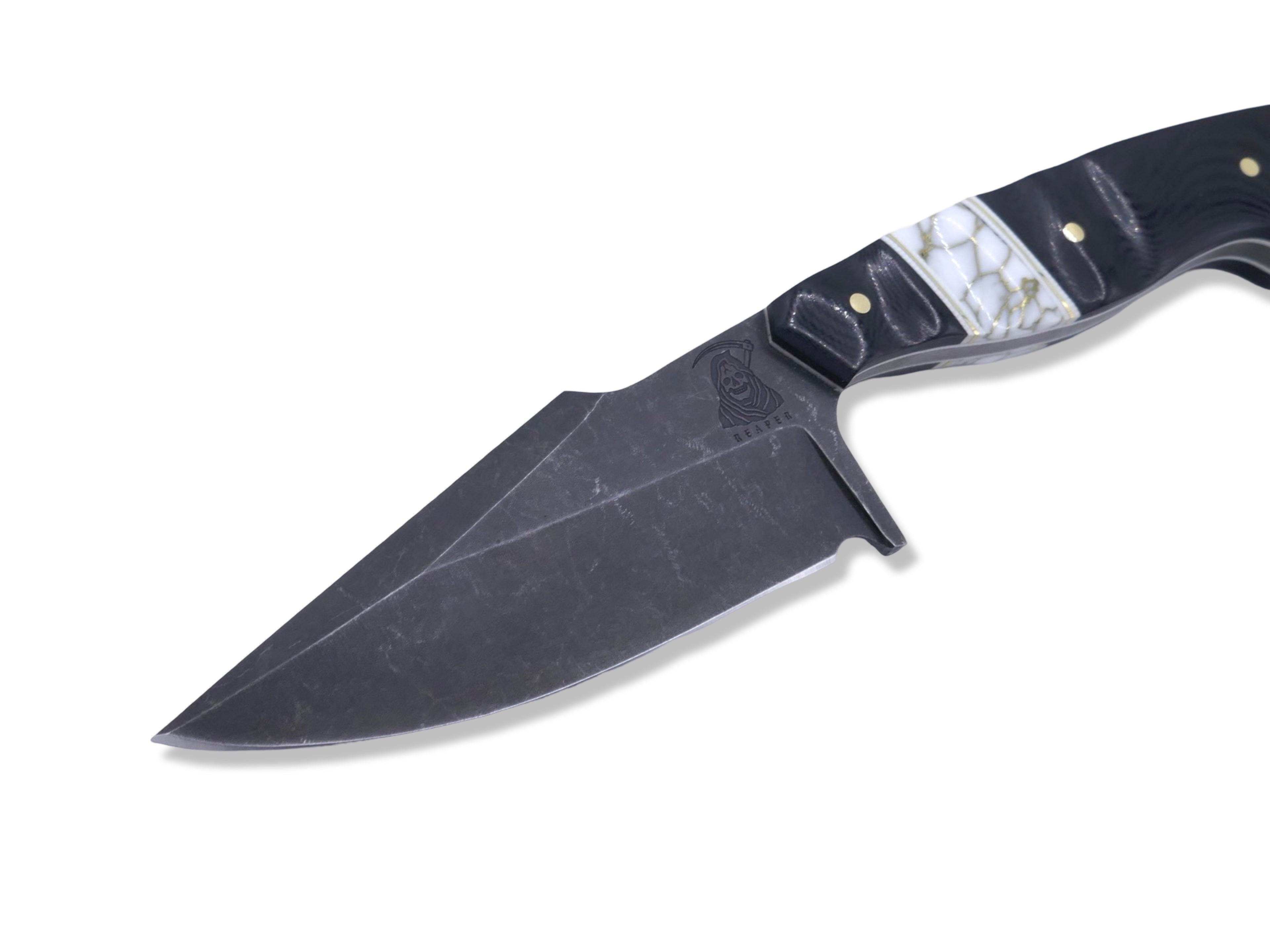 Reaper Custom 1 of 1 Harpoon Hollow Grind - Dark Stonewash / Black G-10 / White G-10 + Brass Splits / Tru Stone Inlay / White G-10 Liner