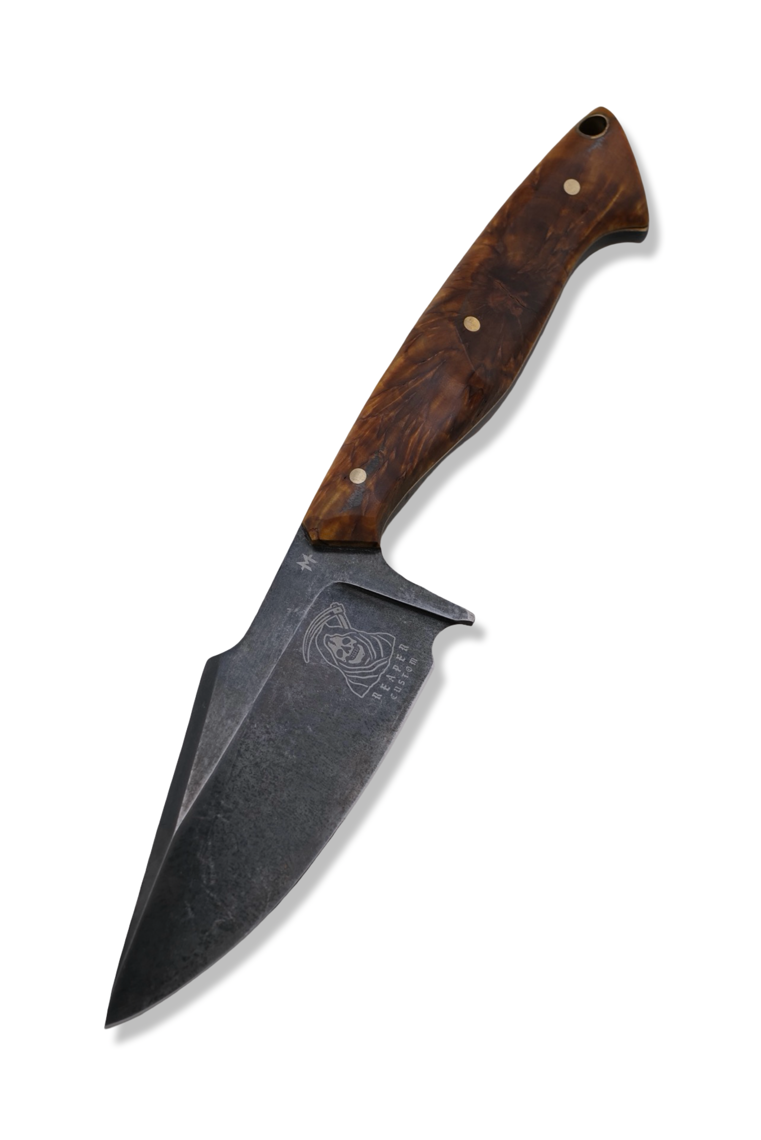 Crimson Reaper Custom 1 of 1 Fixed Blade Knife - Hollow Ground / Dark Stonewash / Starburst Birch Handle / Brass Liners / Sheath Included
