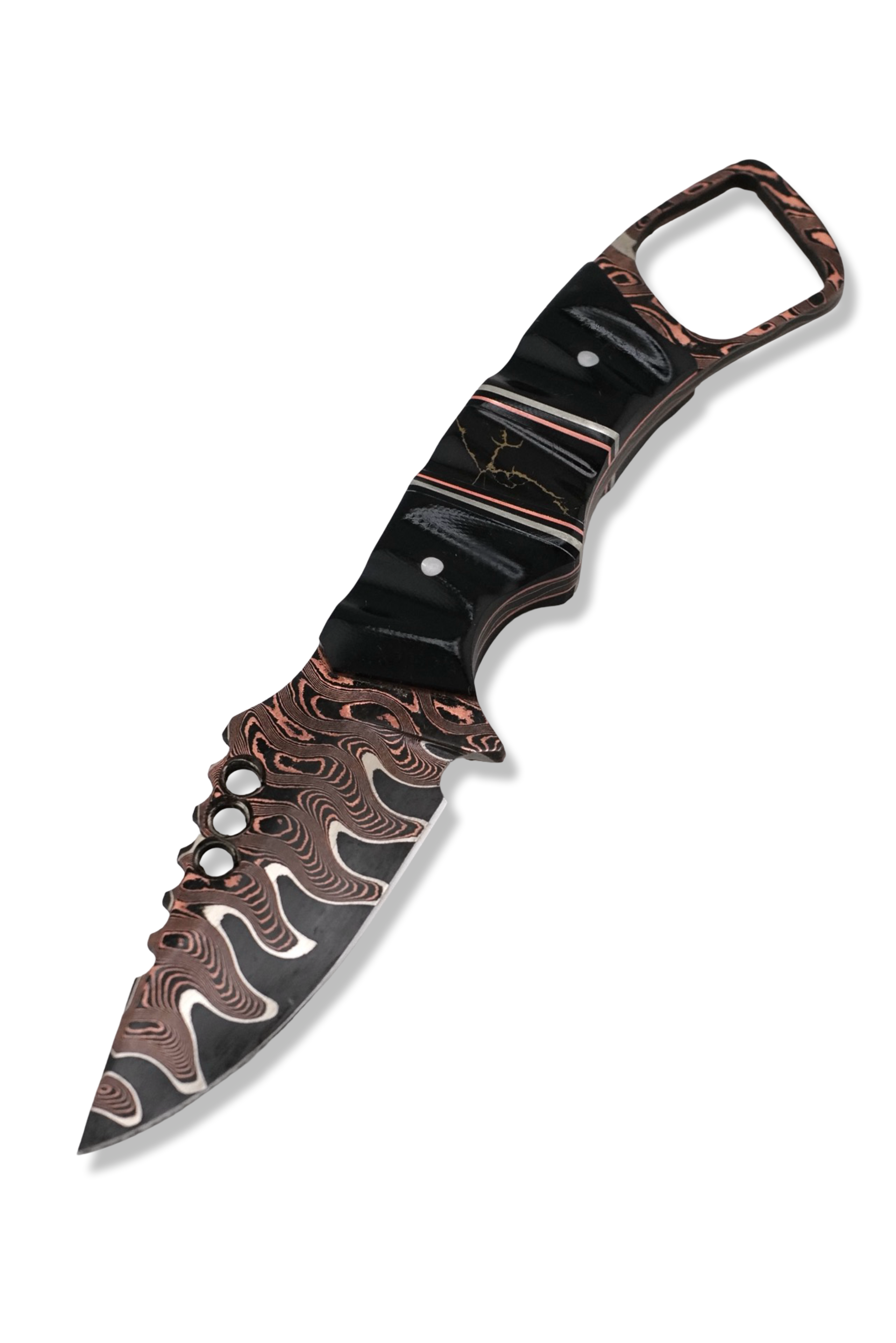 CUSTOM Baker Forge RPM Iron Wolf - Copper-Mai Damascus / Black G-10 / Nickel + Copper Split / Tru Stone Inlay / Copper Liner / USA Made Leather Sheath Included