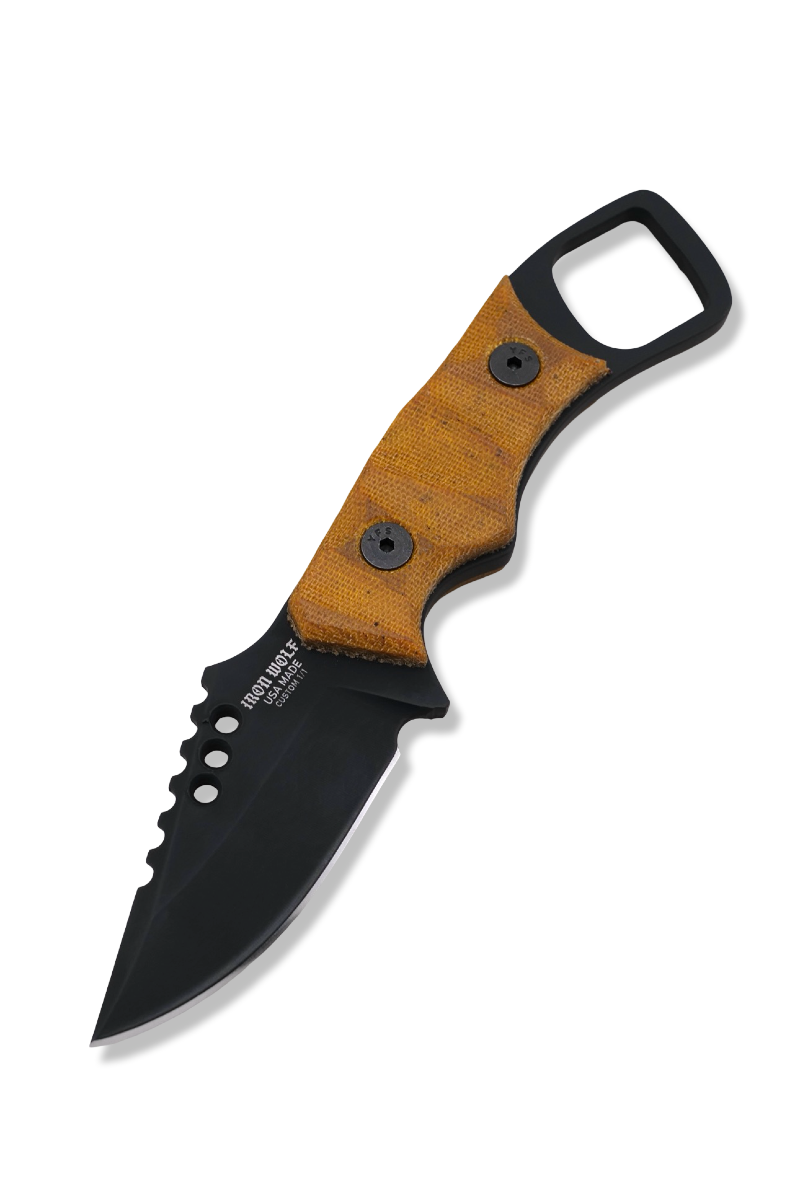 RPM Iron Wolf Custom 1/1 - Black Cerakote / Vintage Westinghouse Butterscotch Micarta / Leather Sheath Included