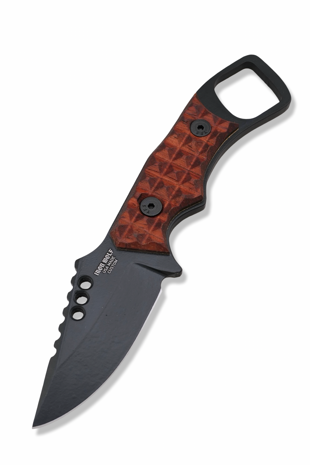 RPM Iron Wolf - Black Cerakote / Frag Pattern Padauk Handle / Brass Liners / Leather Sheath Included