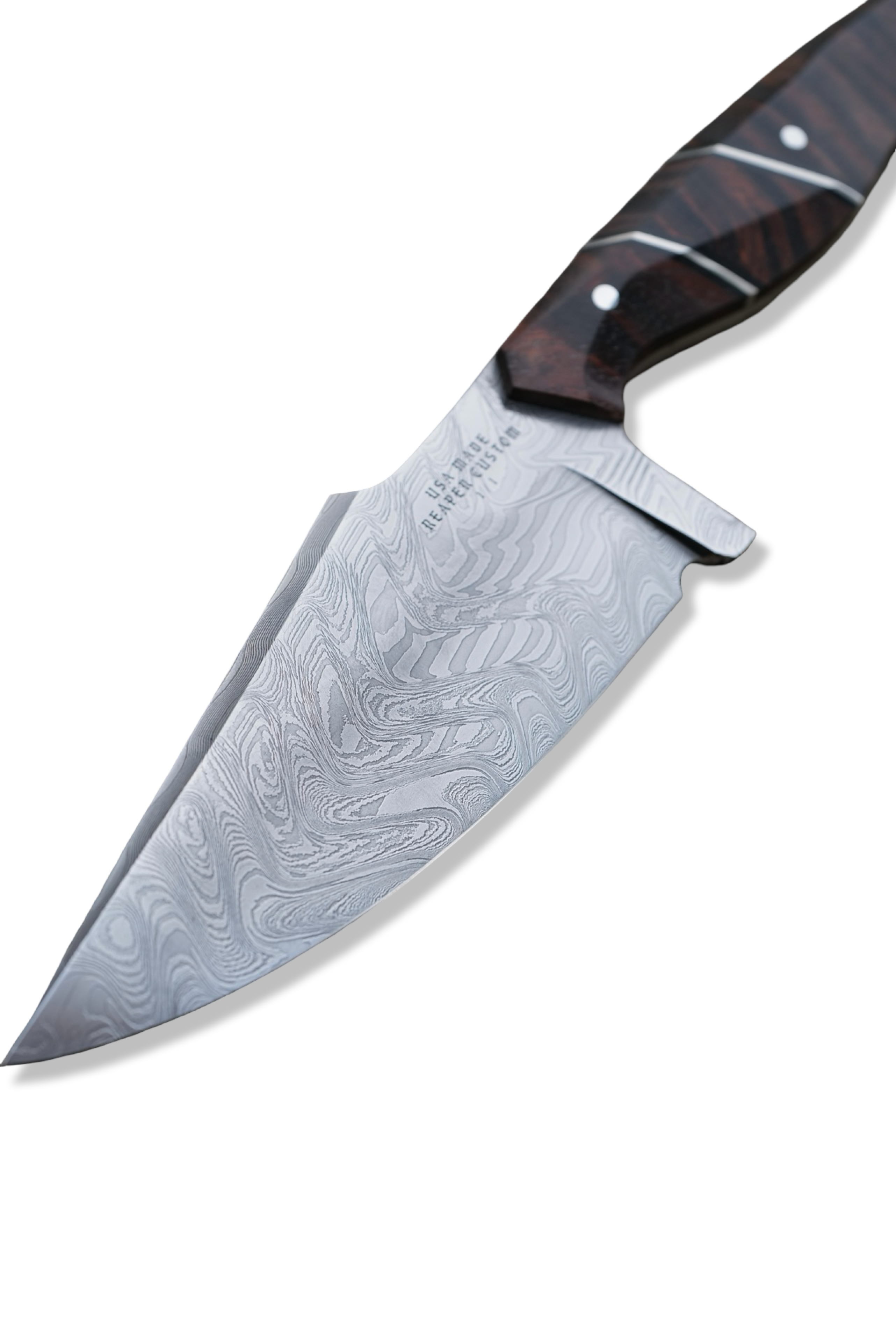 Reaper Custom 1 of 1 - Baker Forge Zeus Damascus / Hawaiian Koa / Double Nickel Splits / Black G-10 Liner / Sheath Included