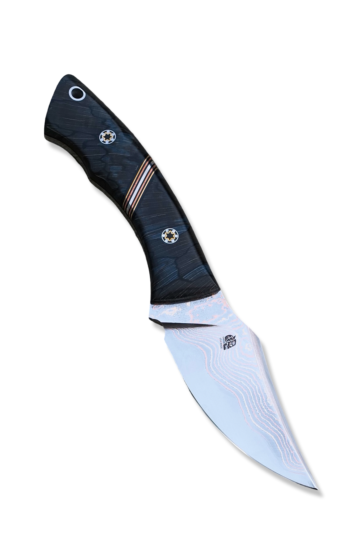 “ ODB “ Custom PROTOTYPE - Baker Forge Tigermai / Bronze + Copper Damascus / Raffir Handle / Copper - Nickel - Brass Split / Mosaic Pins / Python Inlay Sheath / Jason Knight Design