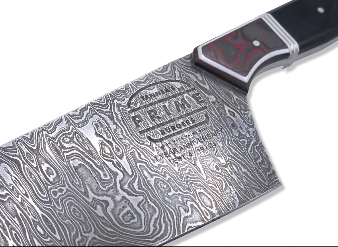 Custom Stainless Damascus Chef - Tanners Prime Burger / Camocarbon / White Liner / Double Nickel Split