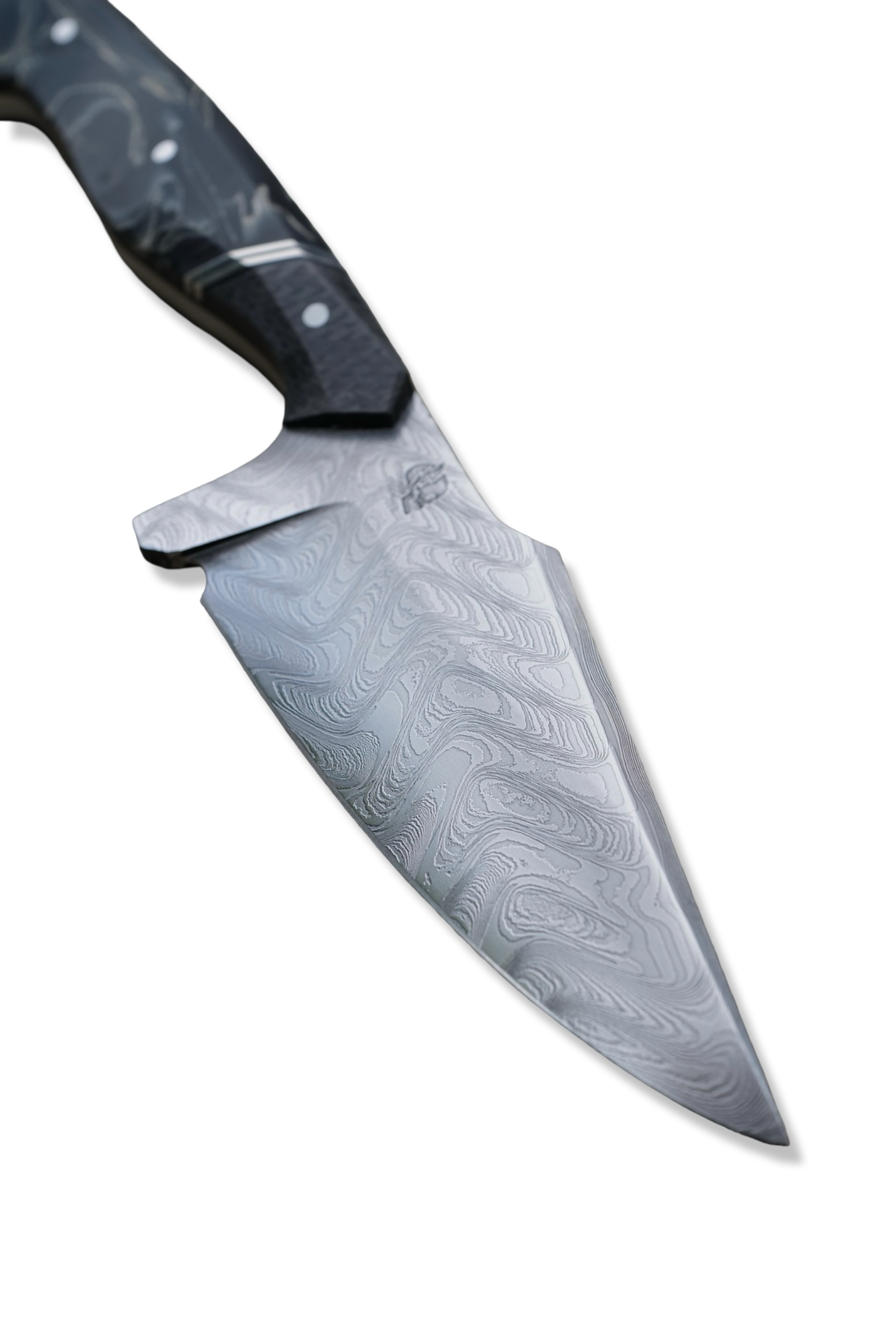 Reaper Custom 1 of 1 - Baker Forge Zeus Damascus / Carbon Fiber Front / Double Nickel Split / Composite Flame Handle / Black Liner / Sheath Included