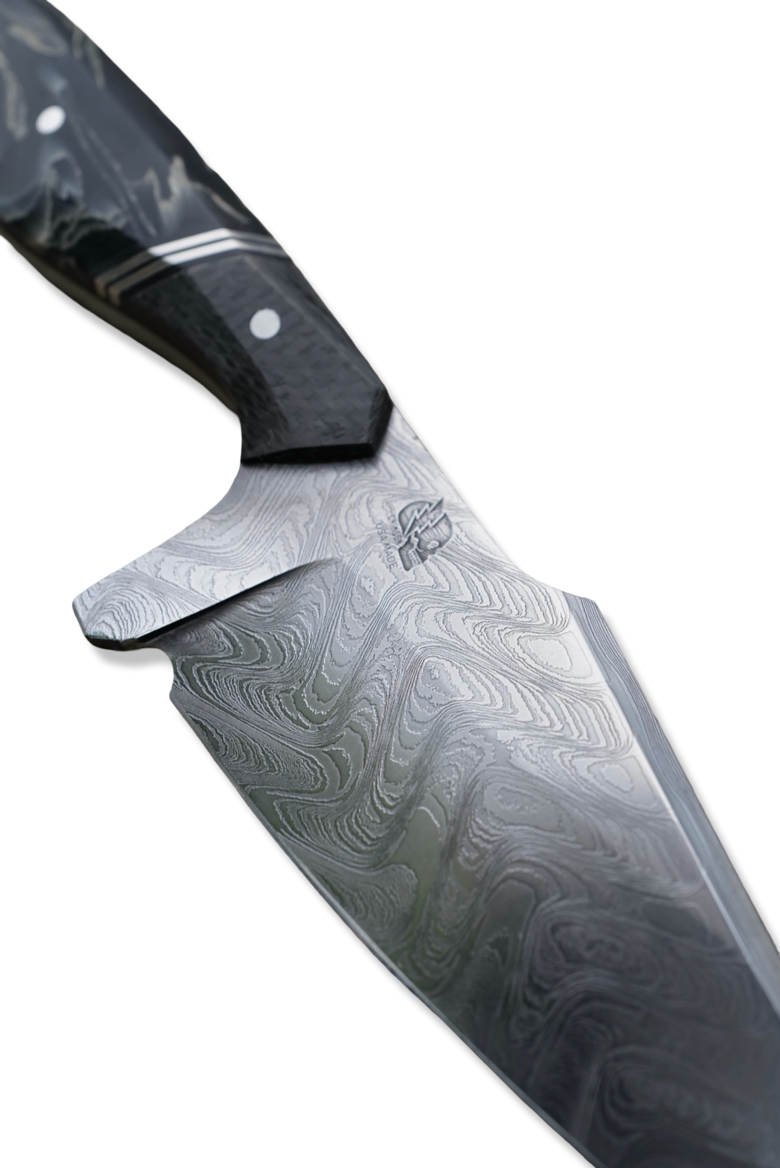 Reaper Custom 1 of 1 - Baker Forge Zeus Damascus / Carbon Fiber Front / Double Nickel Split / Composite Flame Handle / Black Liner / Sheath Included