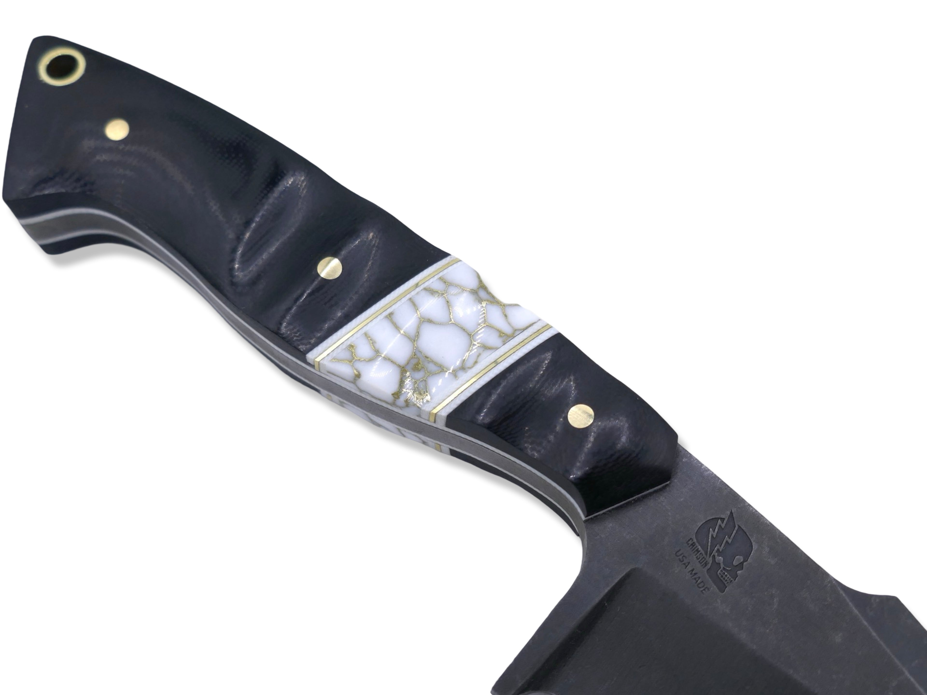 Reaper Custom 1 of 1  Harpoon Hollow Grind - Dark Stonewash / Black G-10 / White G-10 + Brass Splits / Tru Stone Inlay / White G-10 Liner