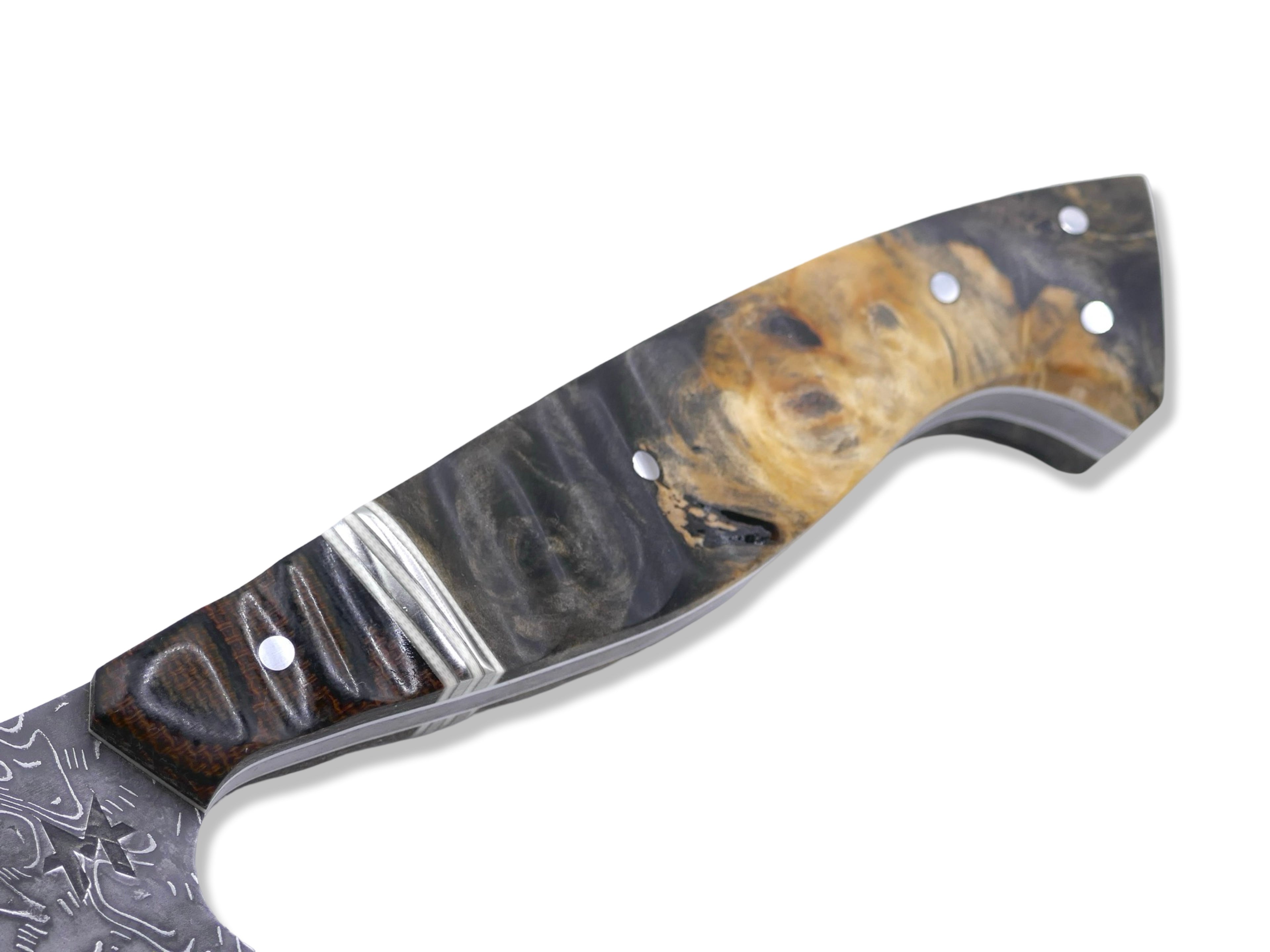 “Pro Reaper“ Custom 1 of 1  Vegas Forge Stainless Damascus - 70’s Westinghouse / White + Nickel Splits / Burl Handle