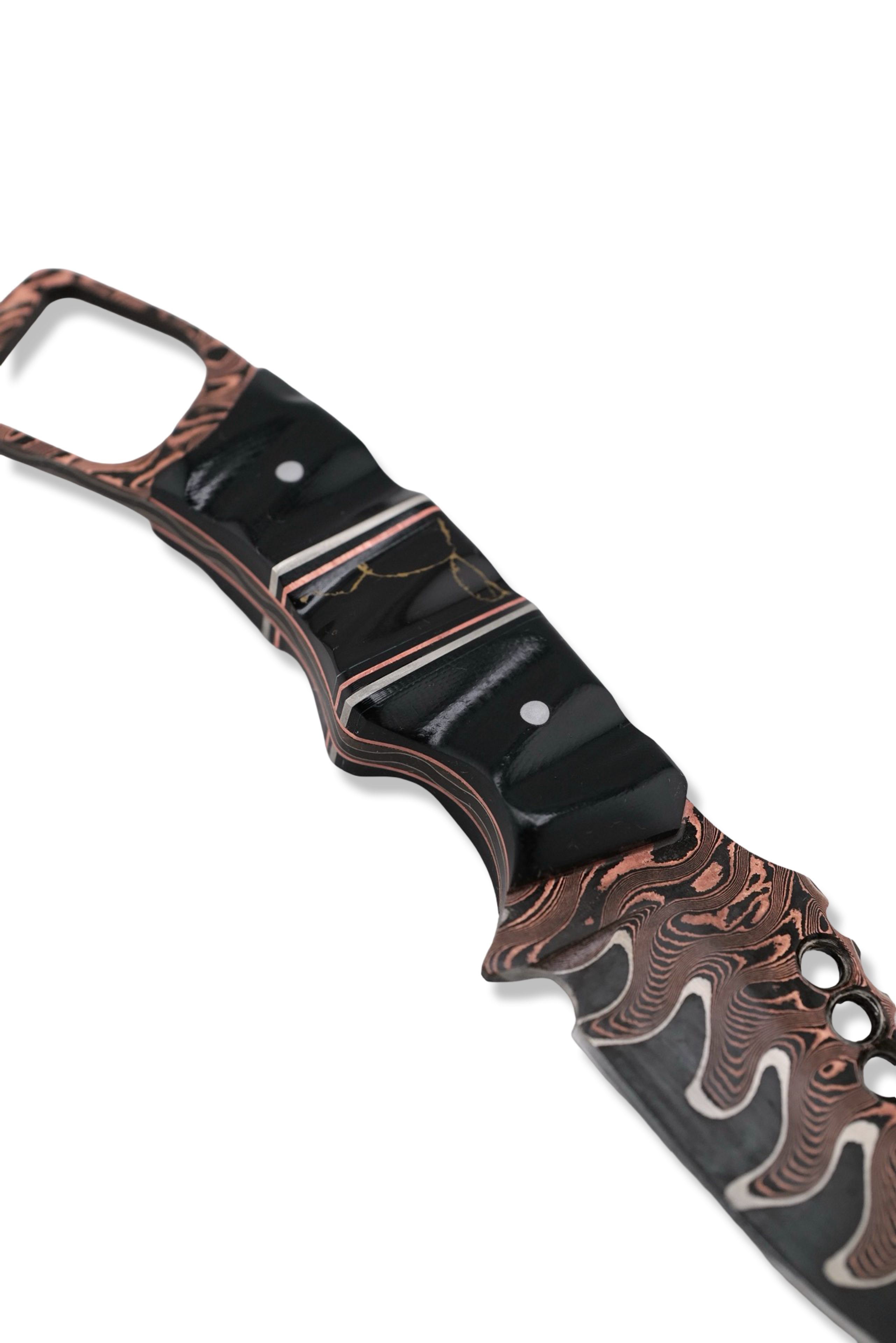 CUSTOM Baker Forge RPM Iron Wolf - Copper-Mai Damascus / Black G-10 / Nickel + Copper Split / Tru Stone Inlay / Copper Liner / USA Made Leather Sheath Included