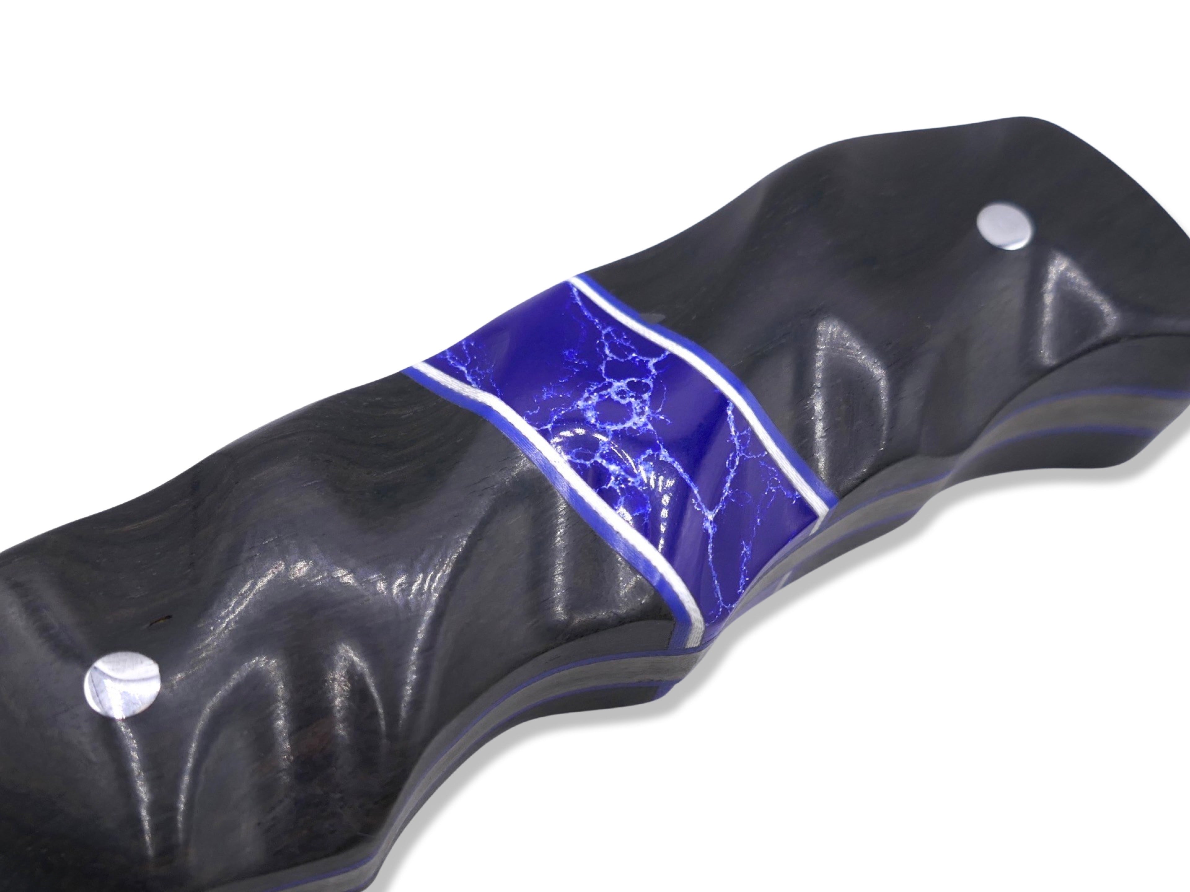 Slayer Damascus - Hollow Grind /  Ebony / Tru-Stone Inlay / White and Blue G-10 Inlay / Blue G-10 Liner