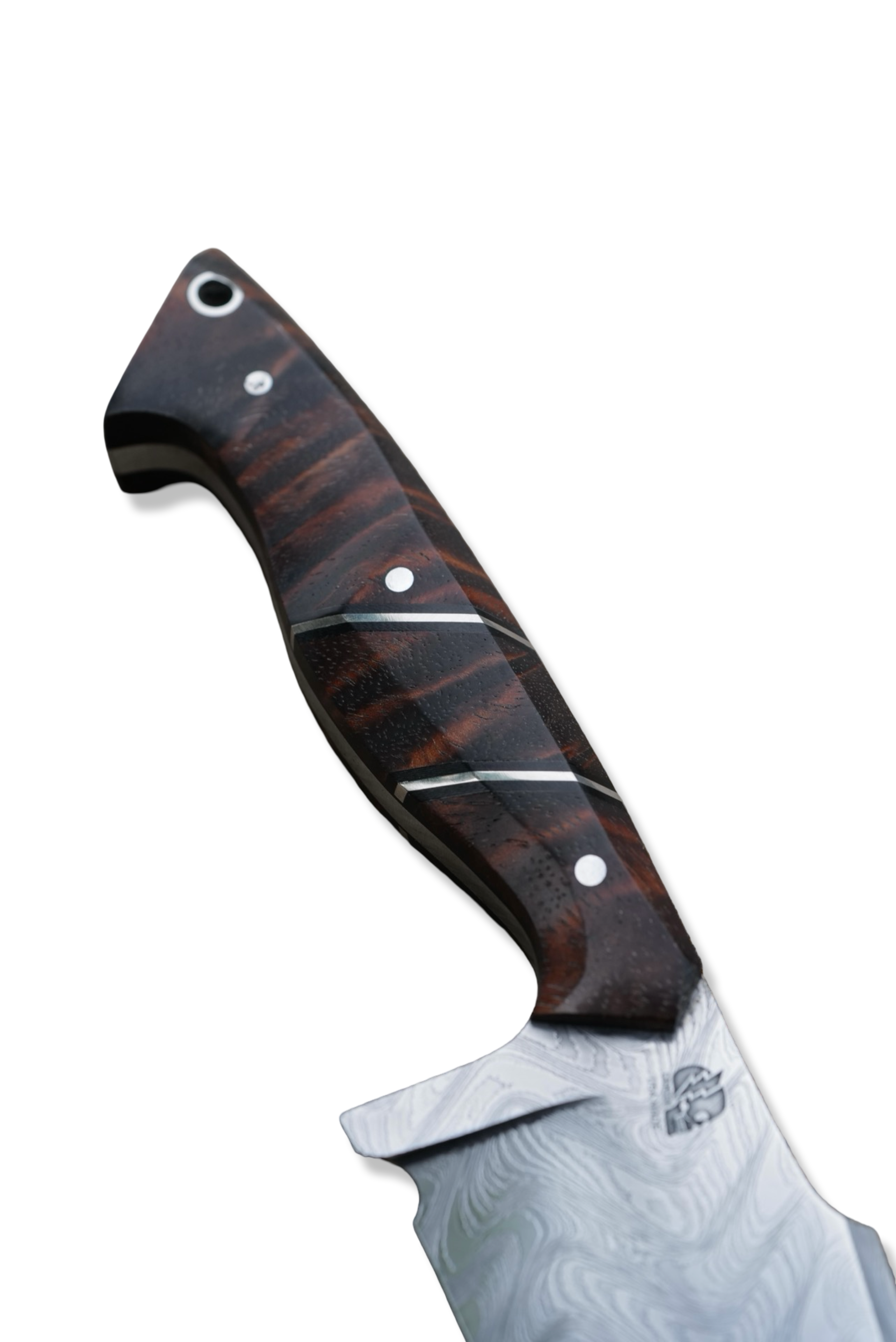 Reaper Custom 1 of 1 - Baker Forge Zeus Damascus / Hawaiian Koa / Double Nickel Splits / Black G-10 Liner / Sheath Included