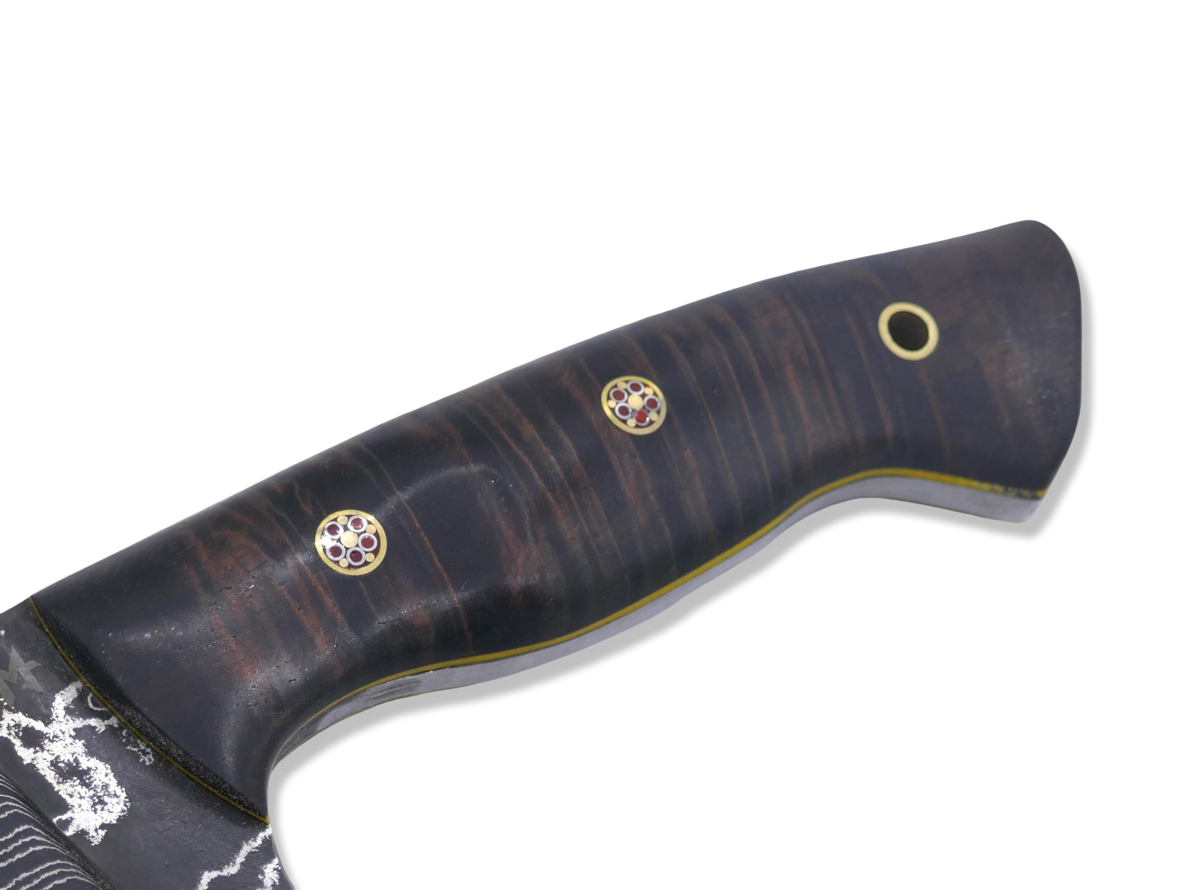 Bush Whacker Custom 1 of 1 - Vegas Forge Damascus / Hawaiian Koa / Brass Mosaic Pins / Yellow G-10 Liner