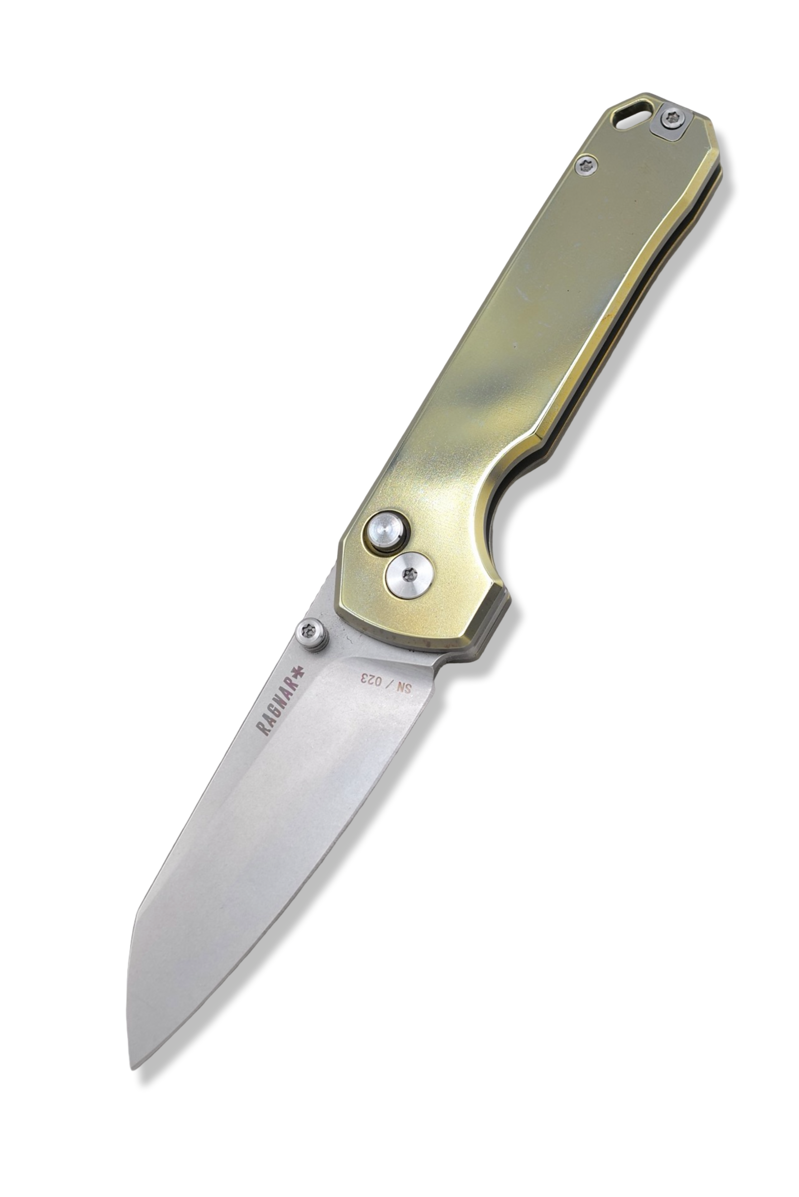 RAGNAR Folder - M390 Steel / Anodized Gold Titanium Handle / Titanium clip / Stonewash Finish