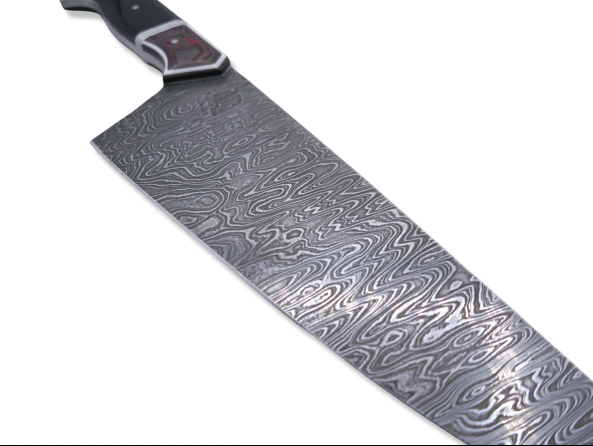 Custom Stainless Damascus Chef - Tanners Prime Burger / Camocarbon / White Liner / Double Nickel Split