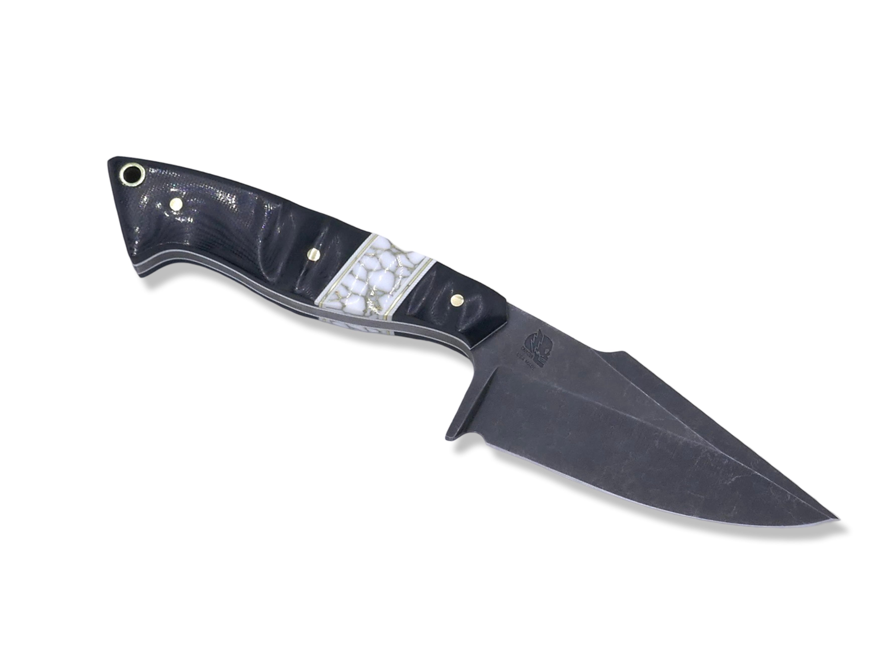 Reaper Custom 1 of 1  Harpoon Hollow Grind - Dark Stonewash / Black G-10 / White G-10 + Brass Splits / Tru Stone Inlay / White G-10 Liner