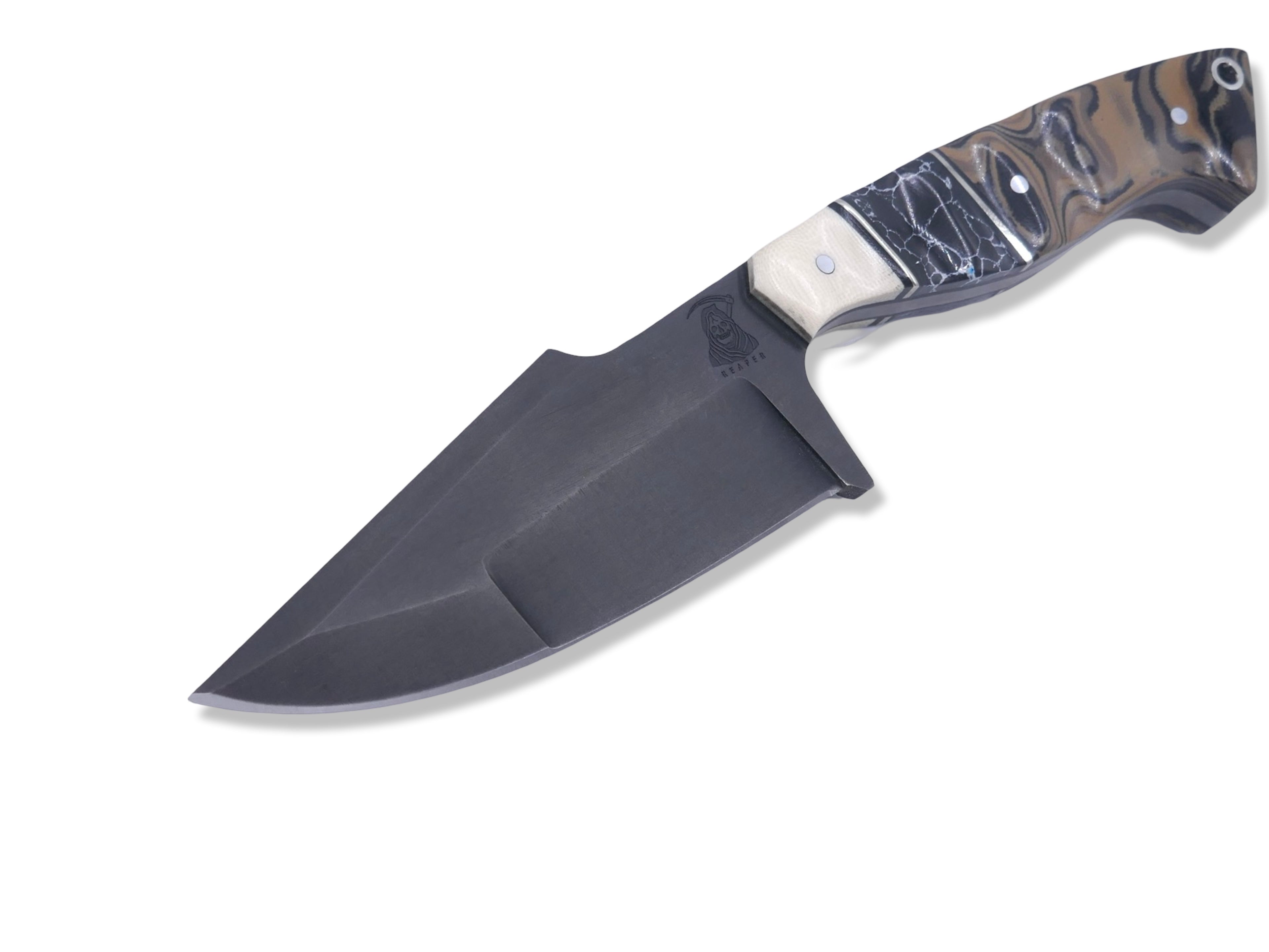 Reaper Custom 1 of 1 - Compound Grind / Tungsten Finish / Ivory G-10 / Nickel Splits/ Tru Stone Inlay / G-10 Burl