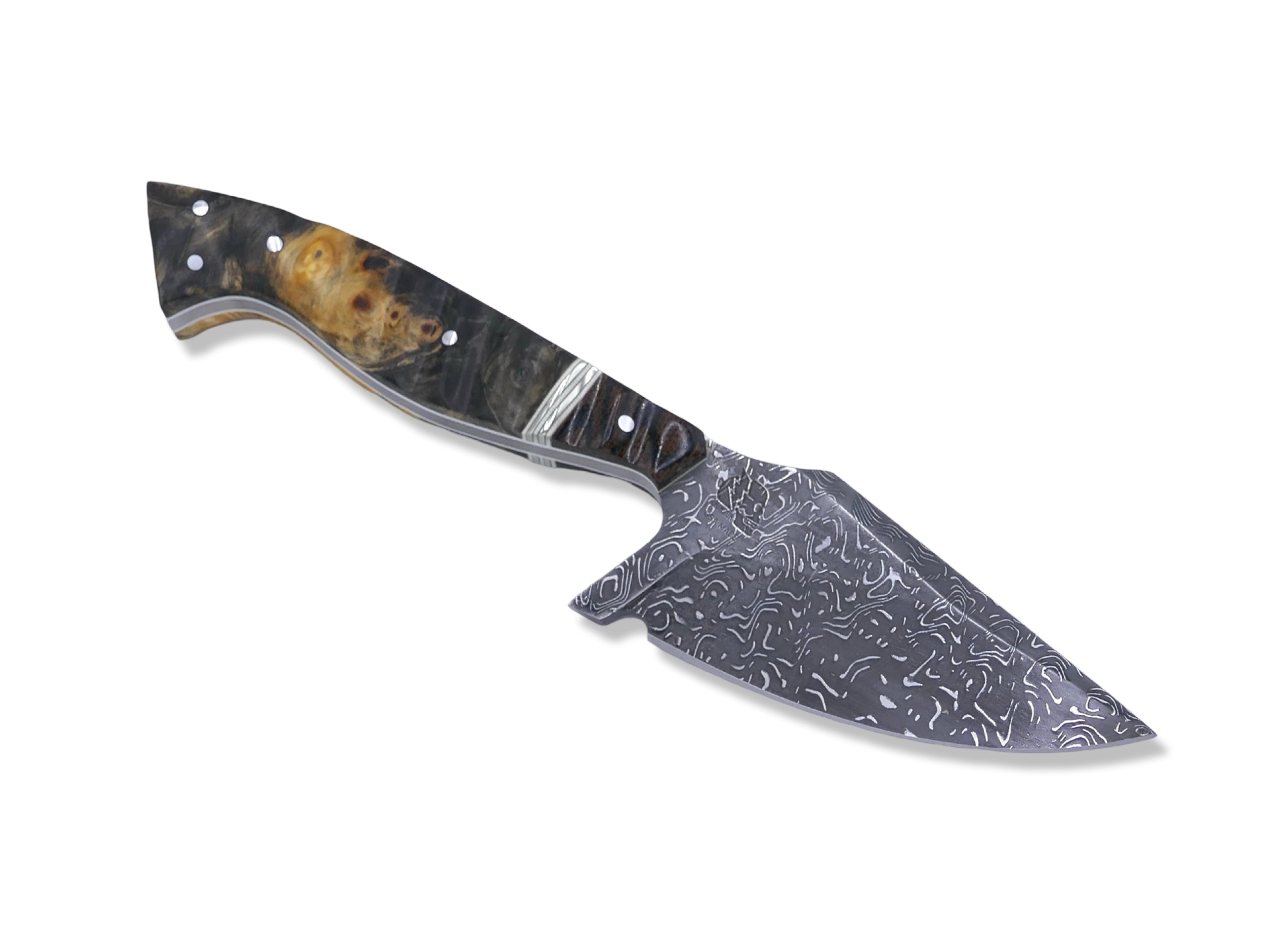 “Pro Reaper“ Custom 1 of 1  Vegas Forge Stainless Damascus - 70’s Westinghouse / White + Nickel Splits / Burl Handle