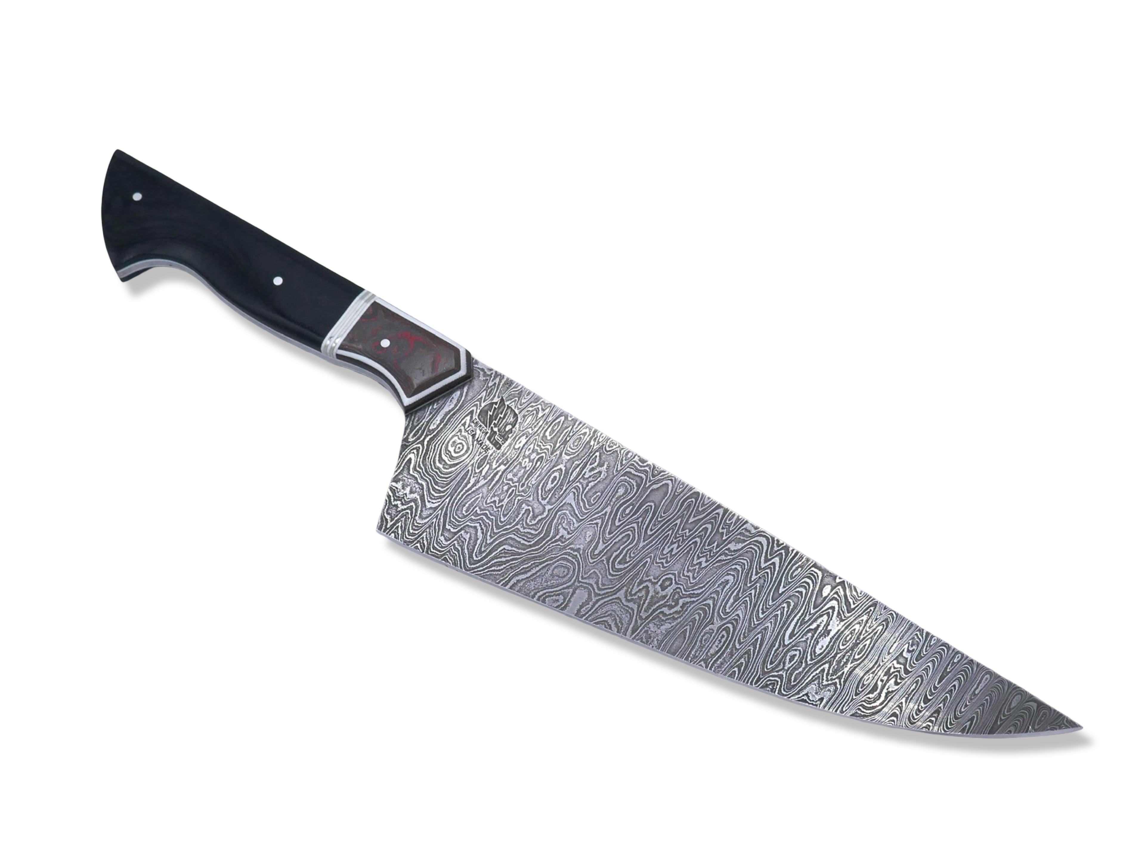Custom Stainless Damascus Chef - Tanners Prime Burger / Camocarbon / White Liner / Double Nickel Split