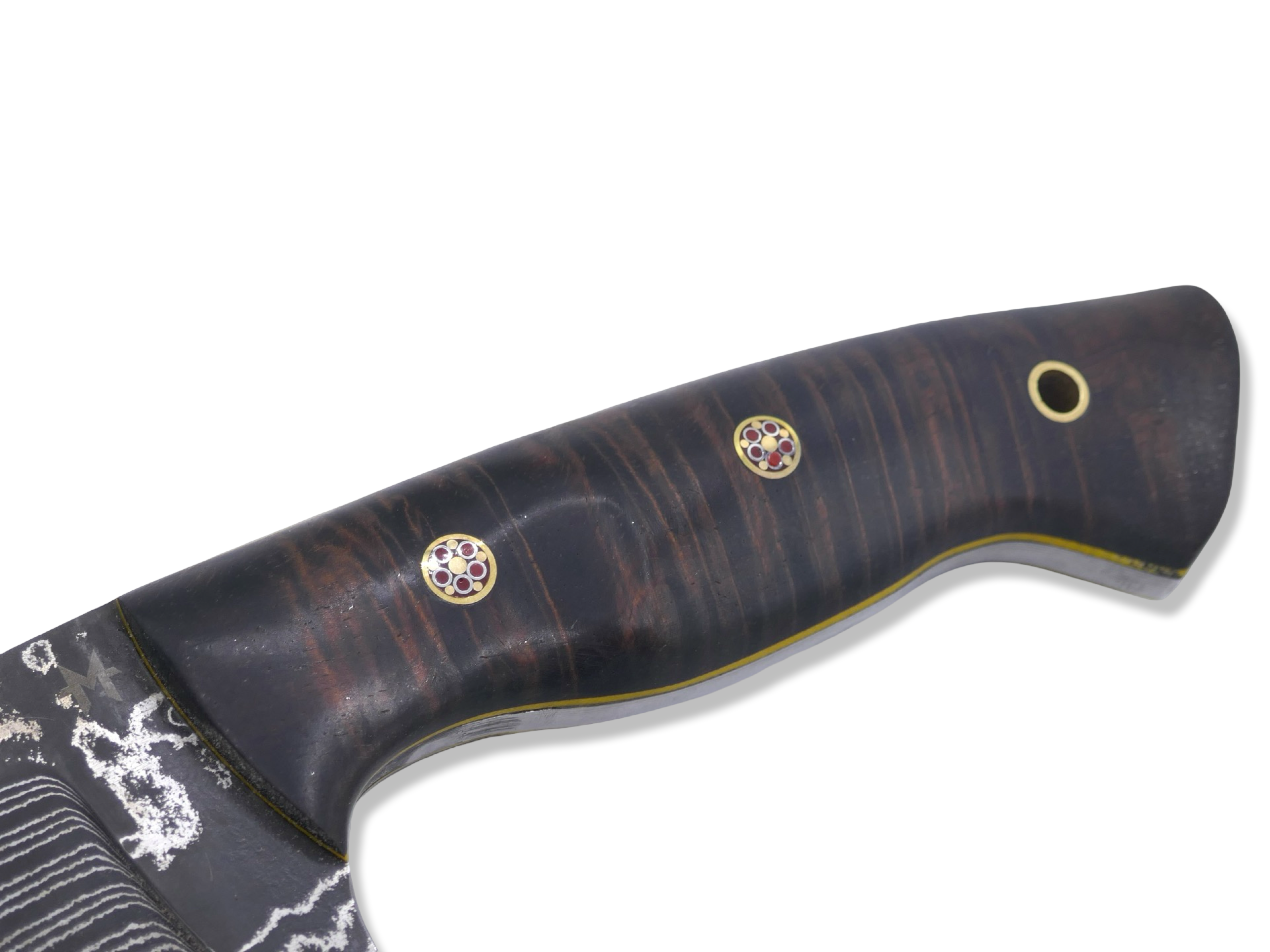 Bush Whacker Custom 1 of 1 - Vegas Forge Damascus / Hawaiian Koa / Brass Mosaic Pins / Yellow G-10 Liner