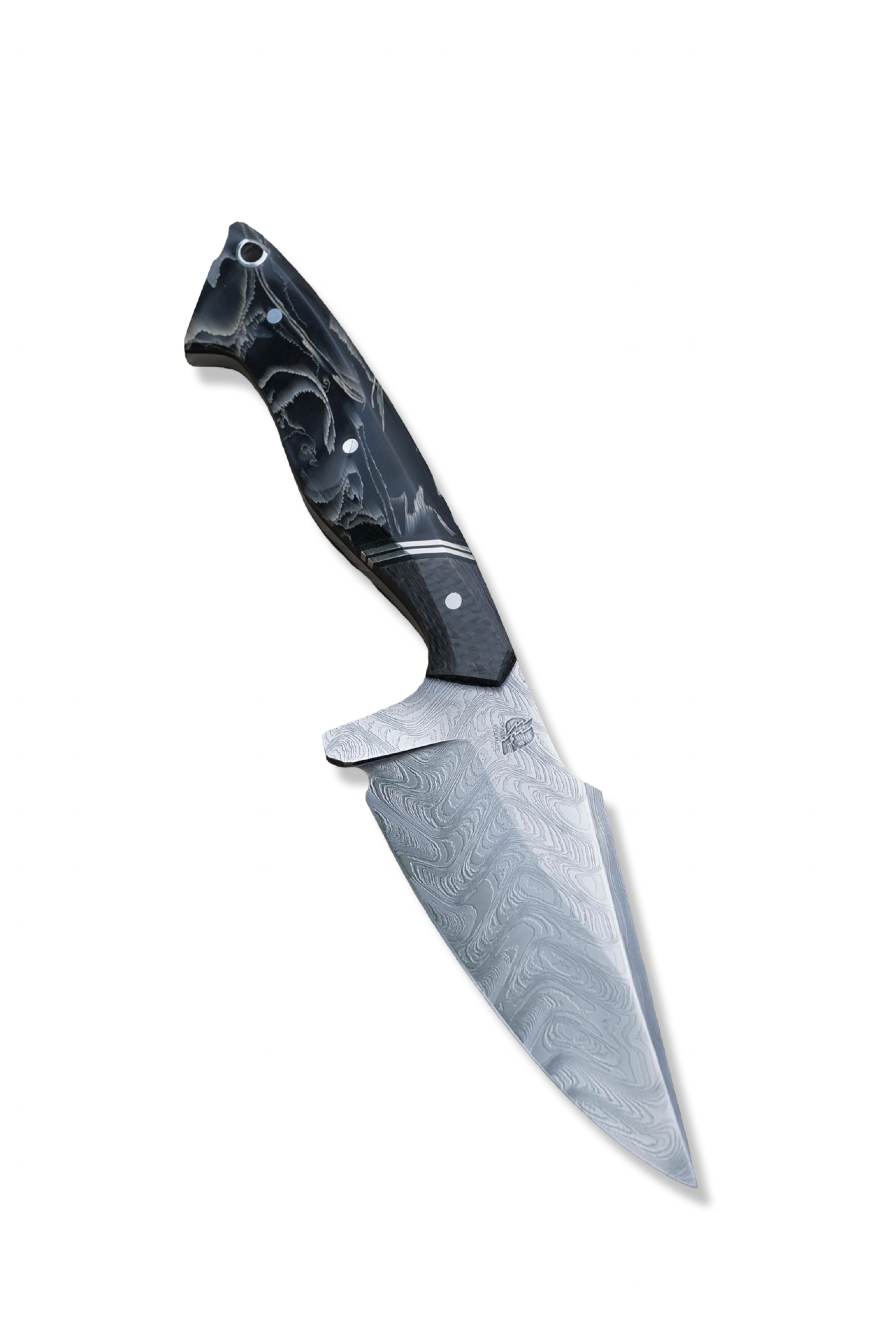 Reaper Custom 1 of 1 - Baker Forge Zeus Damascus / Carbon Fiber Front / Double Nickel Split / Composite Flame Handle / Black Liner / Sheath Included