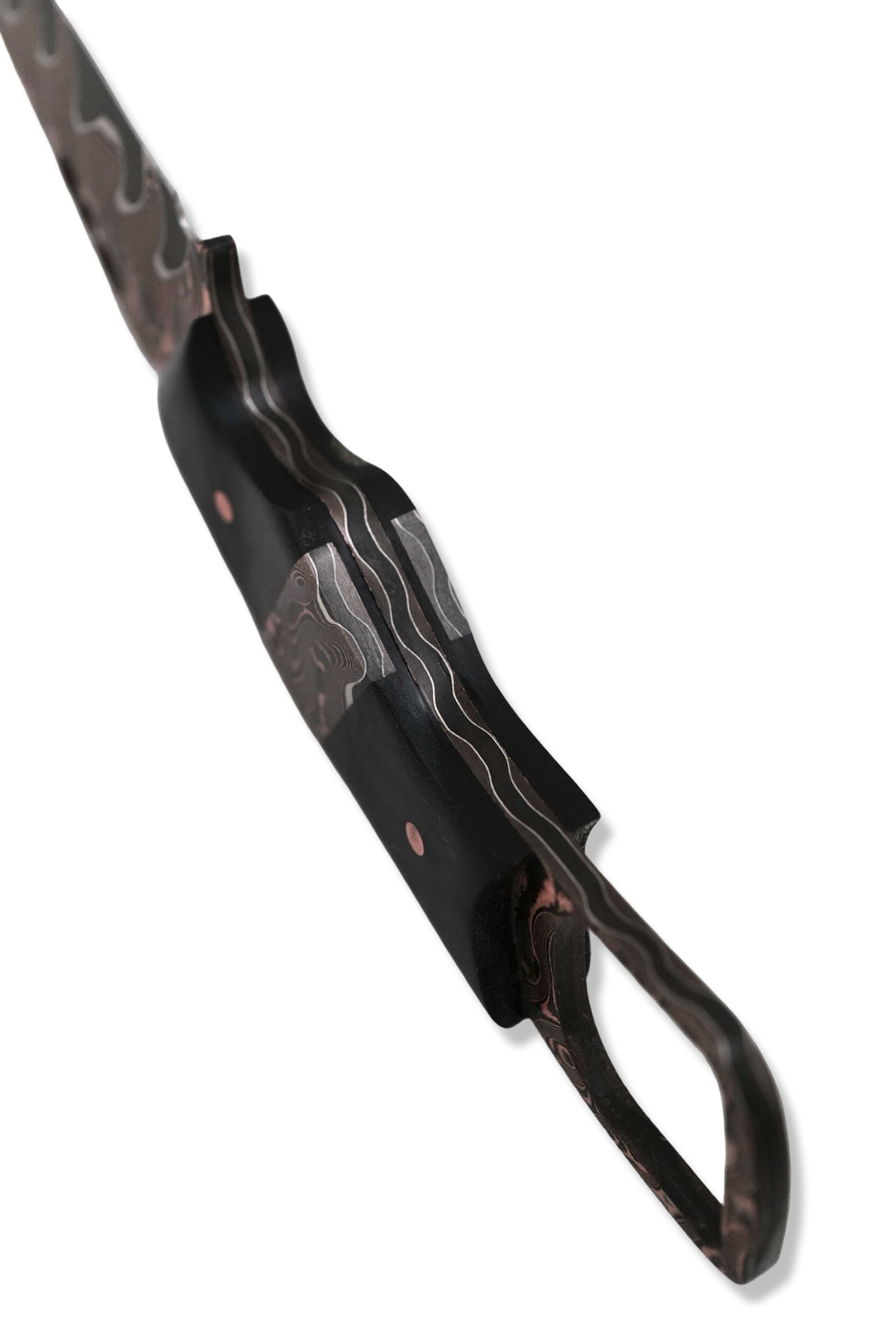 CUSTOM Baker Forge RPM Iron Wolf - Copper-Mai Damascus / Black Micarta / Baker Forge Copper Mai Damascus Inlay / Black G-10 Liner USA Made Leather Sheath Included