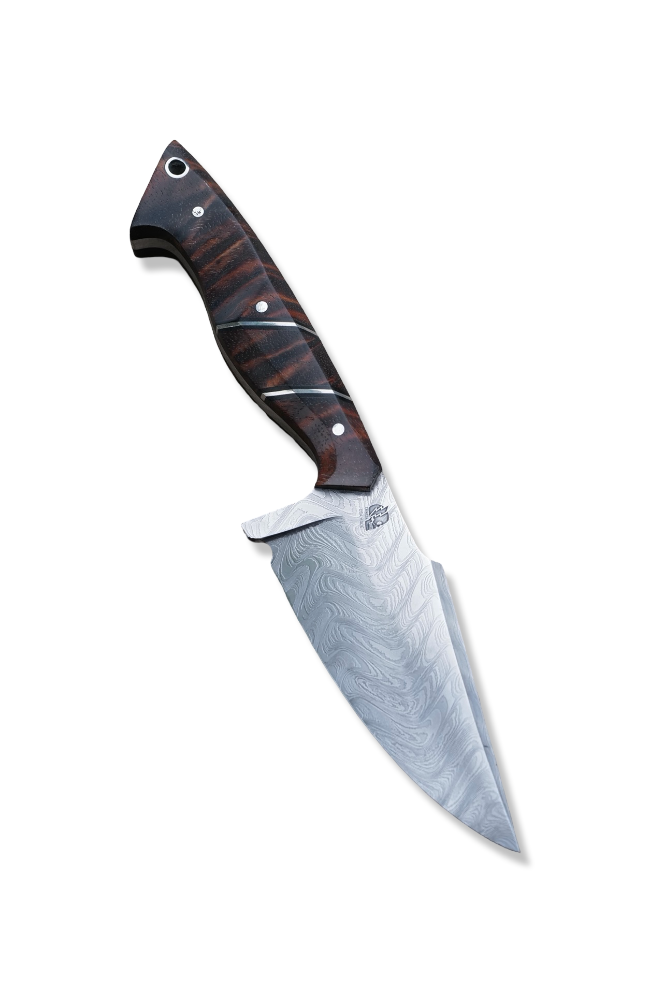 Reaper Custom 1 of 1 - Baker Forge Zeus Damascus / Hawaiian Koa / Double Nickel Splits / Black G-10 Liner / Sheath Included