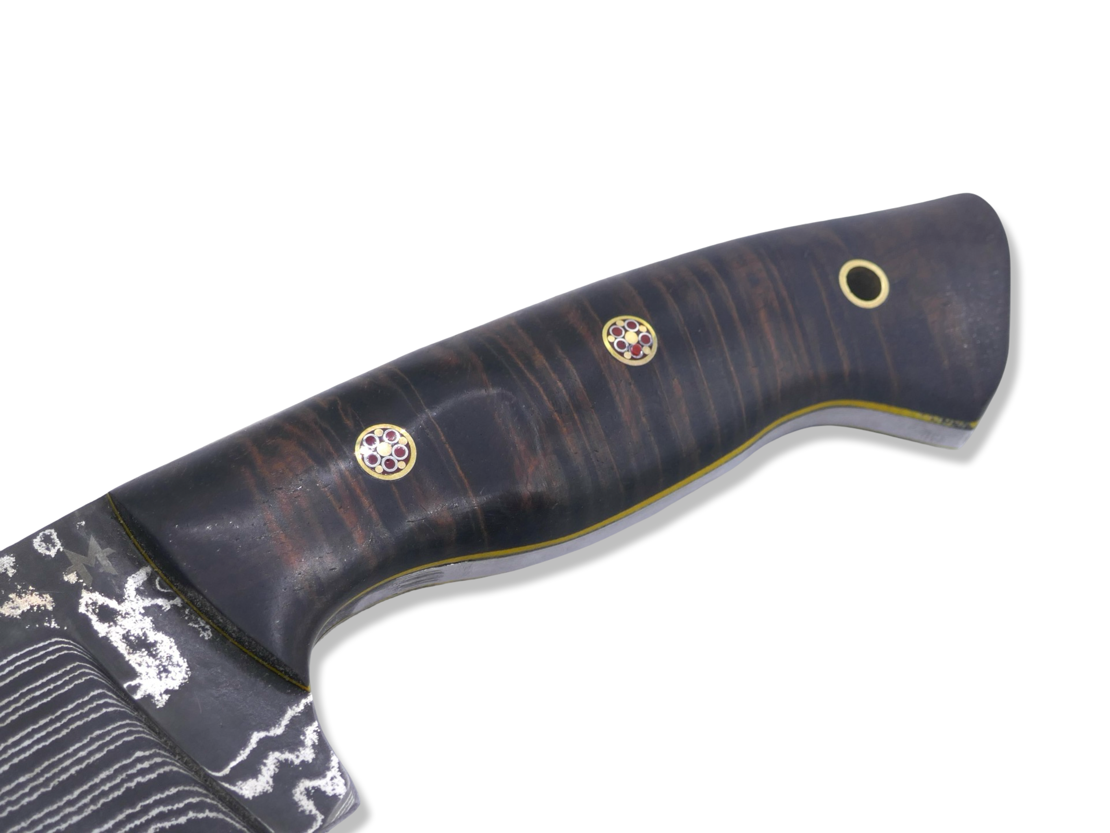 Bush Whacker Custom 1 of 1 - Vegas Forge Damascus / Hawaiian Koa / Brass Mosaic Pins / Yellow G-10 Liner