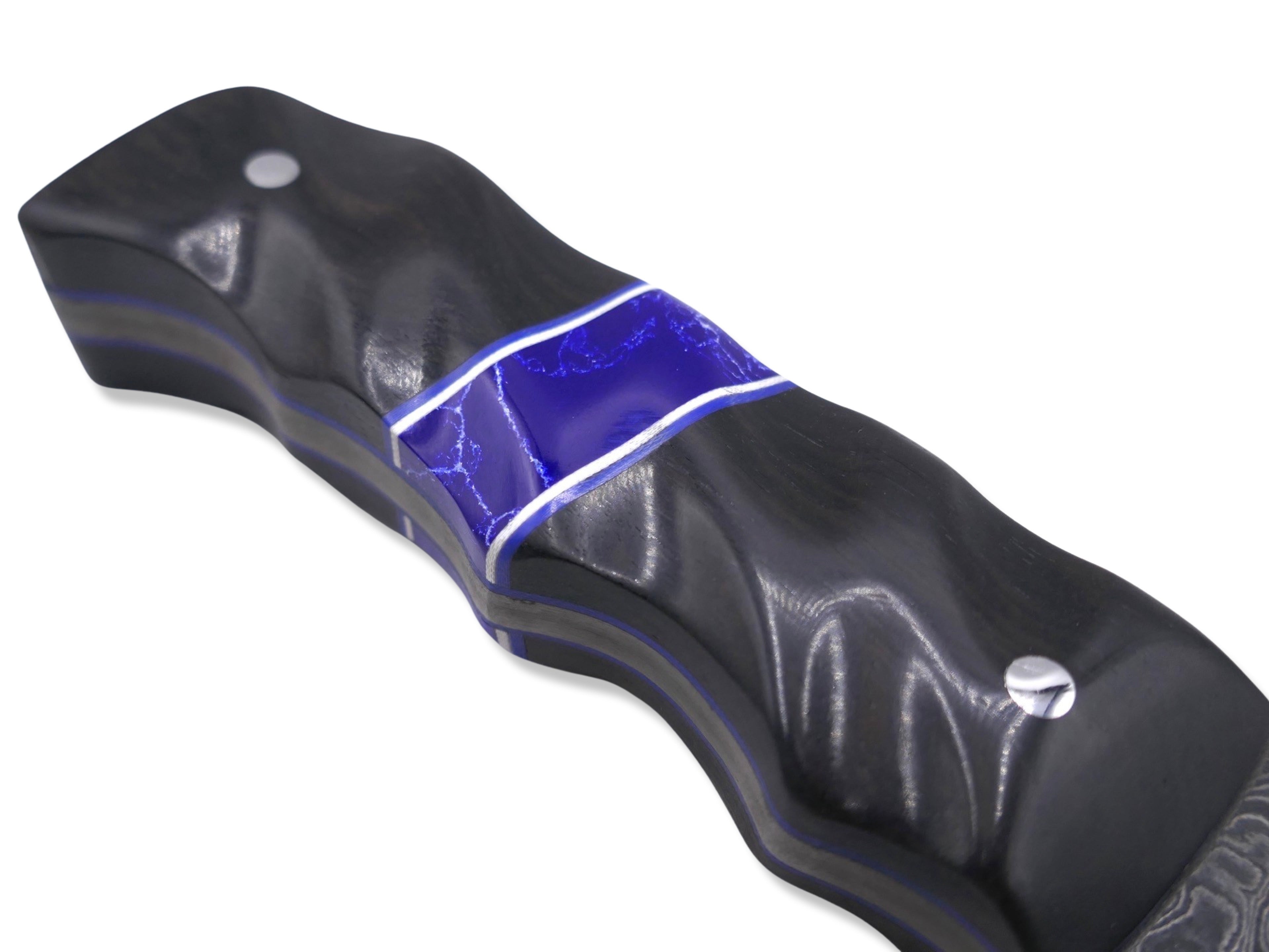 Slayer Damascus - Hollow Grind /  Ebony / Tru-Stone Inlay / White and Blue G-10 Inlay / Blue G-10 Liner