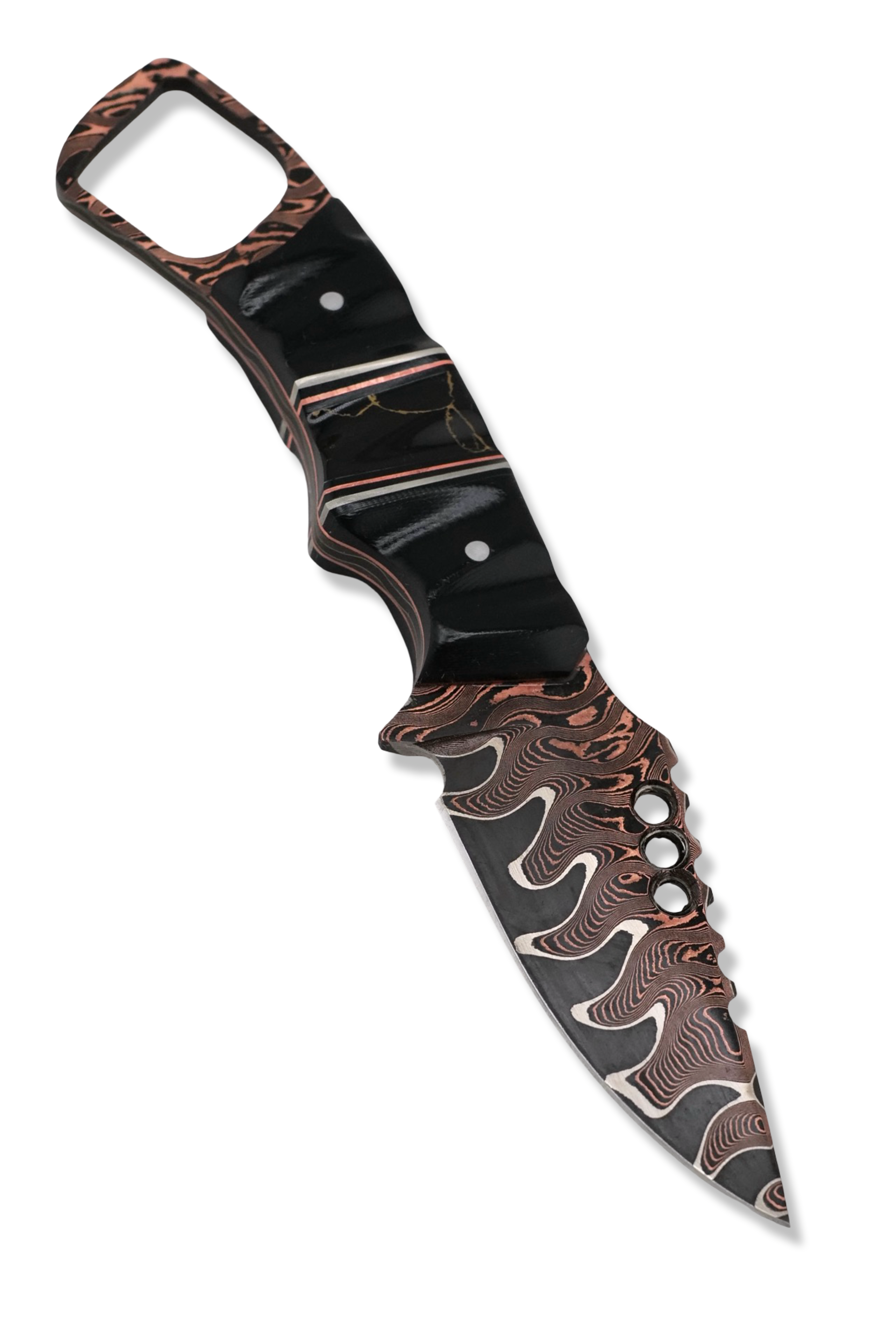 CUSTOM Baker Forge RPM Iron Wolf - Copper-Mai Damascus / Black G-10 / Nickel + Copper Split / Tru Stone Inlay / Copper Liner / USA Made Leather Sheath Included