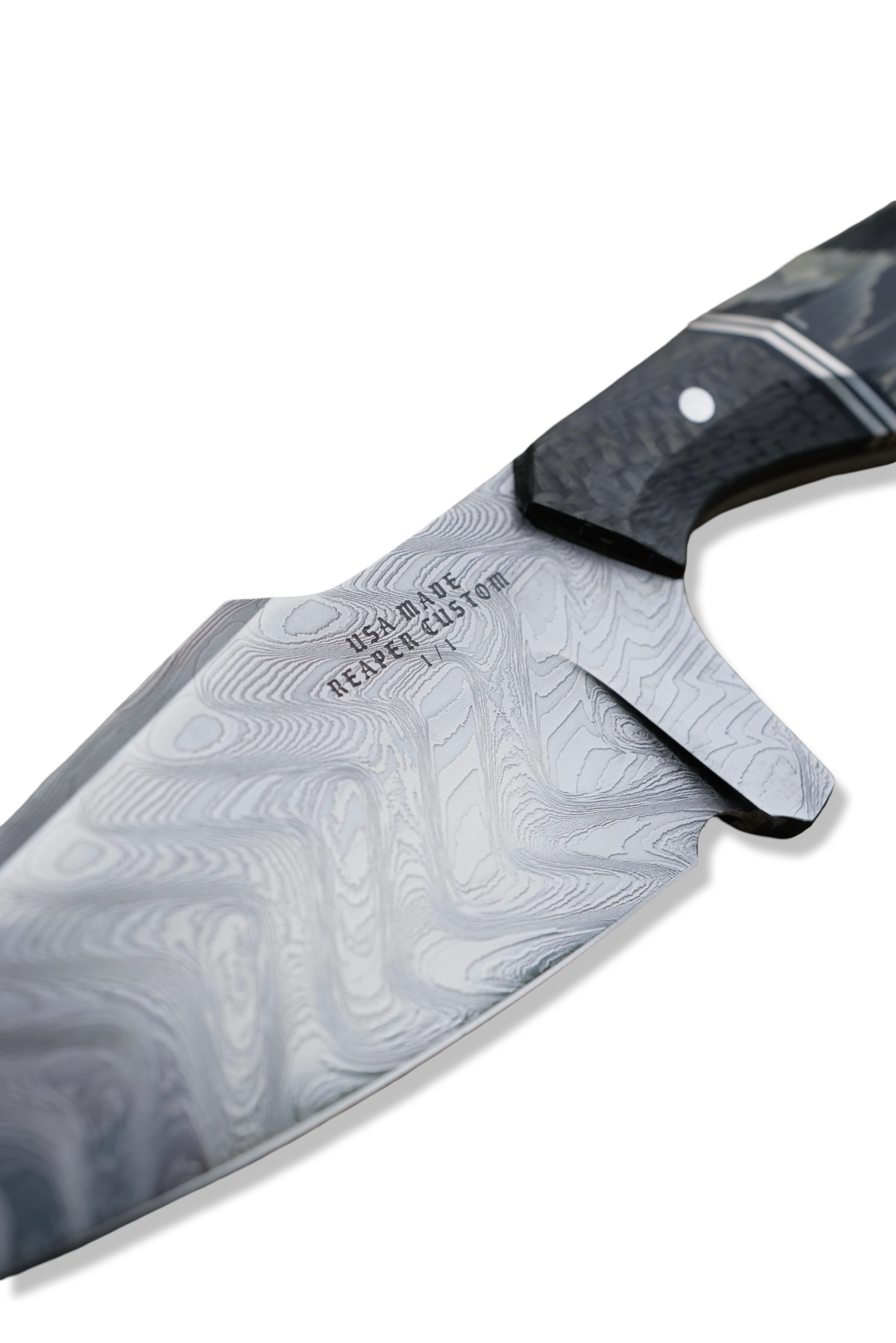 Reaper Custom 1 of 1 - Baker Forge Zeus Damascus / Carbon Fiber Front / Double Nickel Split / Composite Flame Handle / Black Liner / Sheath Included