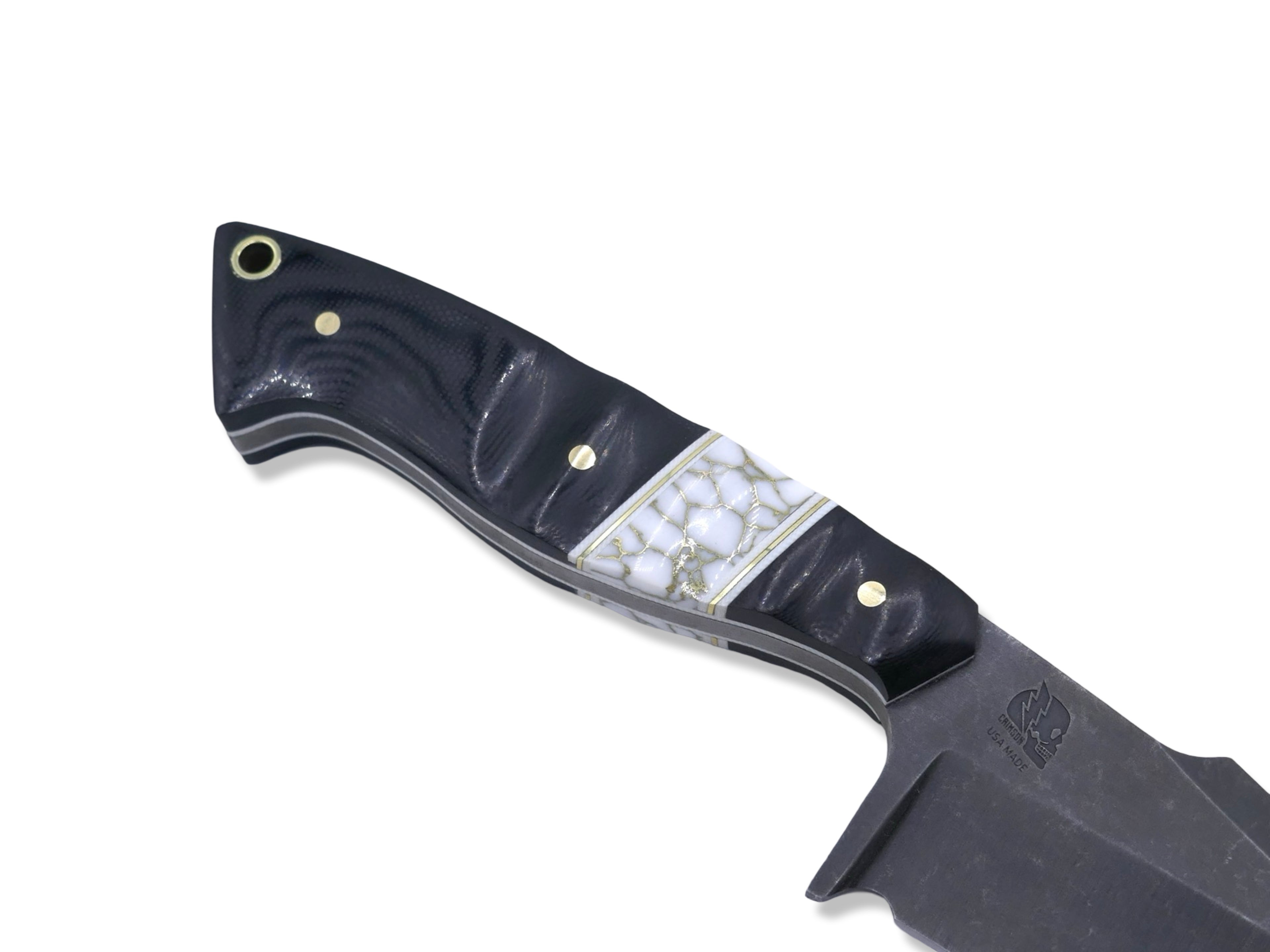 Reaper Custom 1 of 1  Harpoon Hollow Grind - Dark Stonewash / Black G-10 / White G-10 + Brass Splits / Tru Stone Inlay / White G-10 Liner