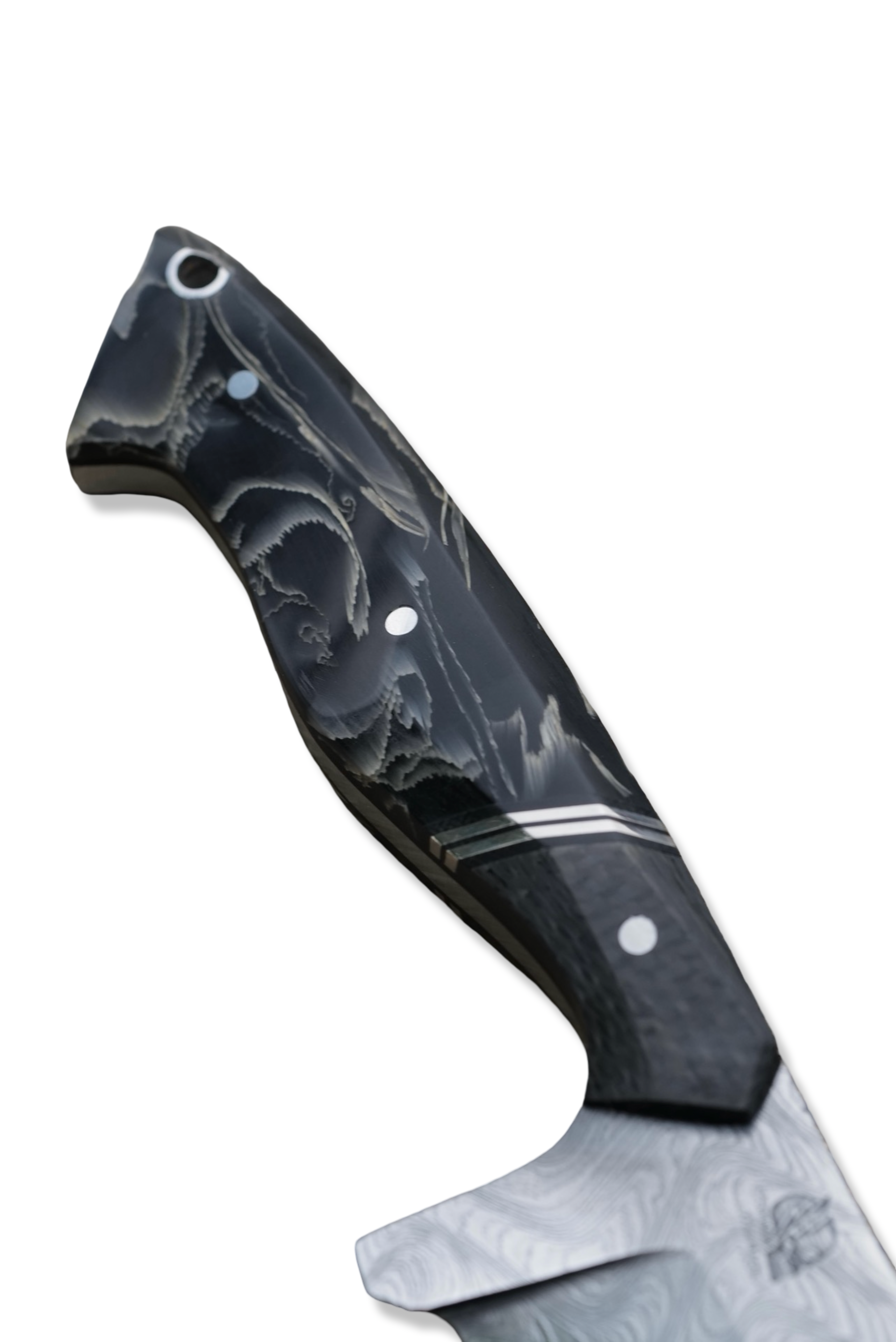 Reaper Custom 1 of 1 - Baker Forge Zeus Damascus / Carbon Fiber Front / Double Nickel Split / Composite Flame Handle / Black Liner / Sheath Included